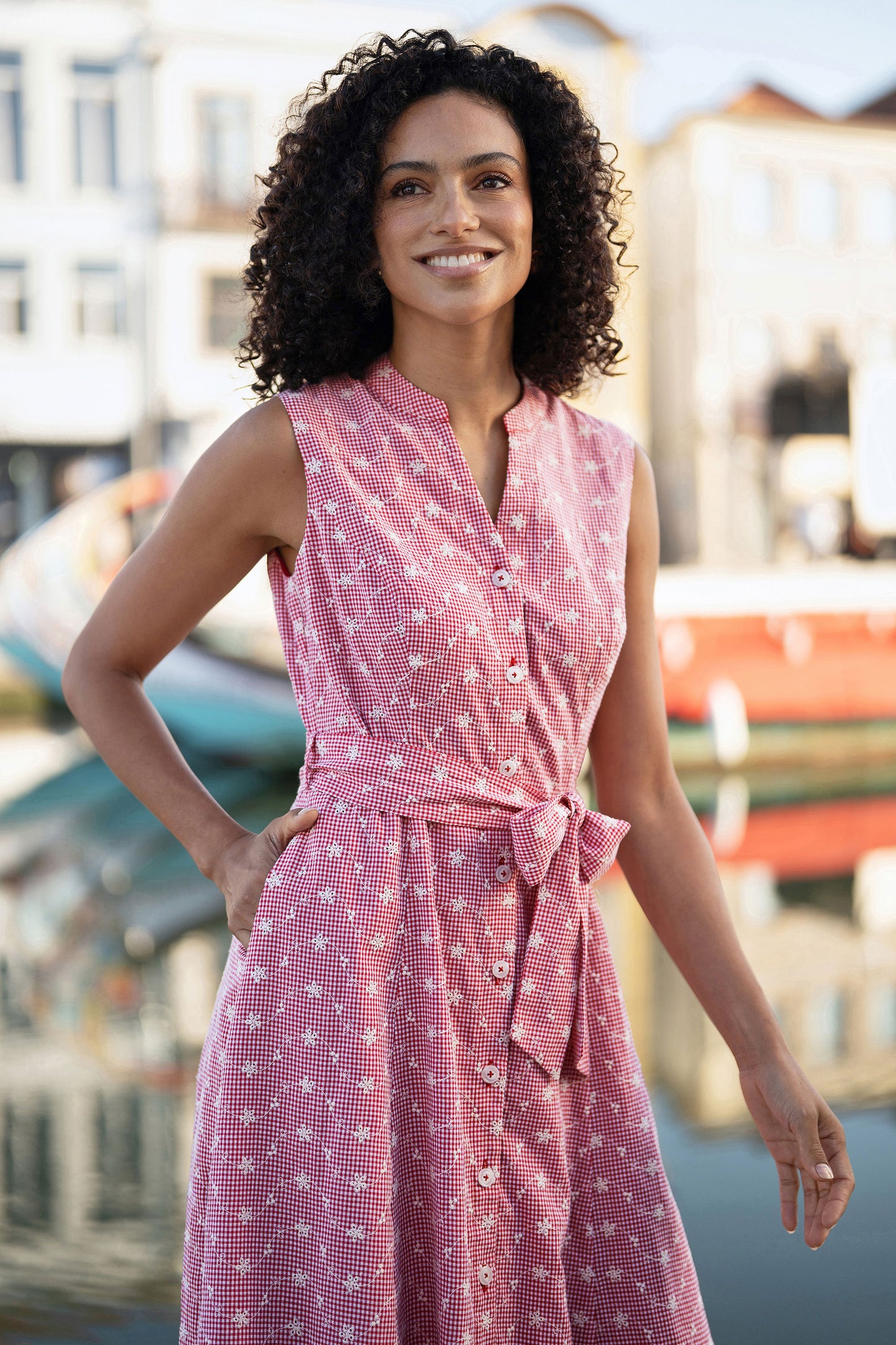 Yumi Red Broderie Anglaise Embroidered Sleeveless Shirt Dress Dress Casual Yumi