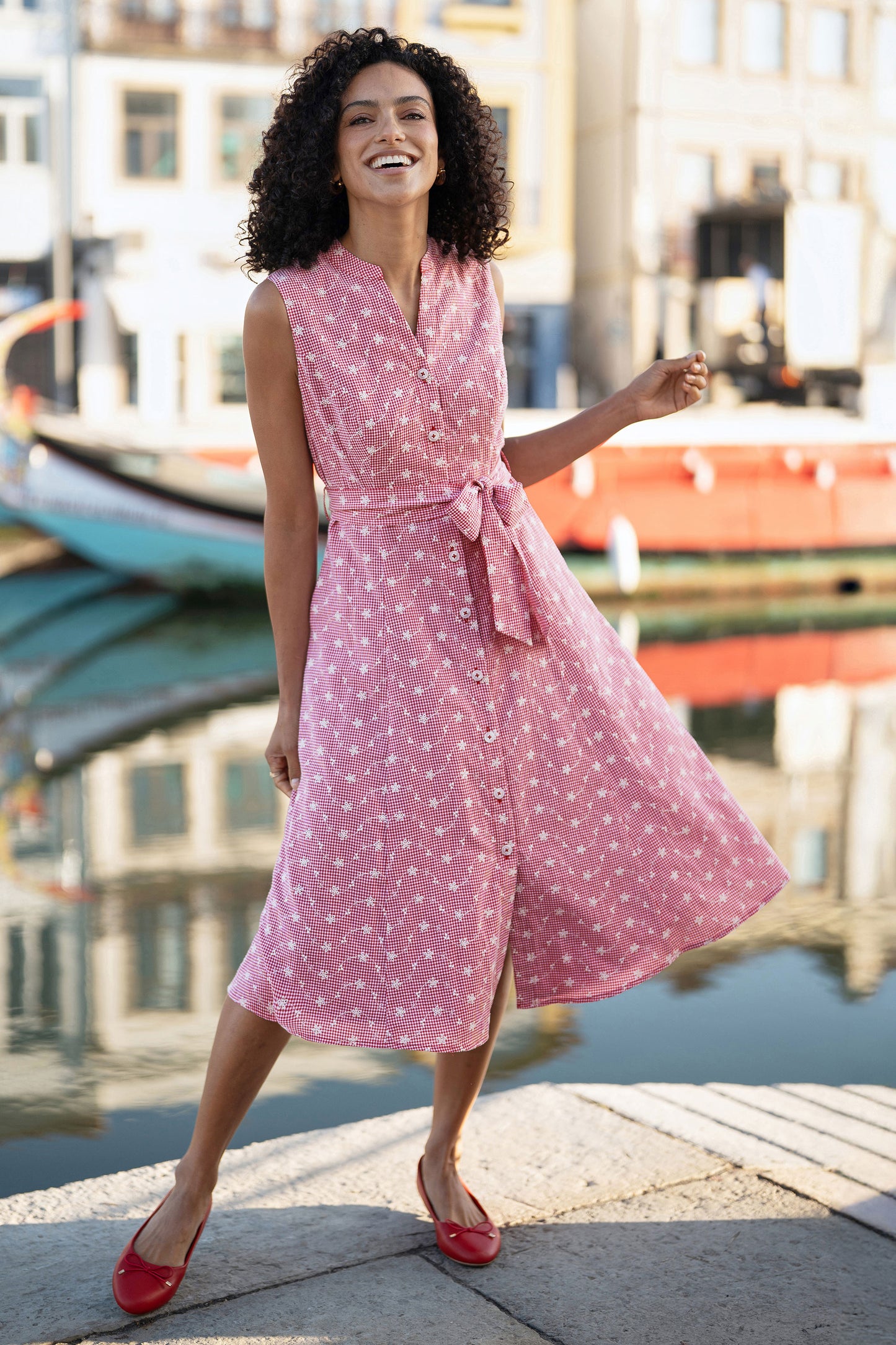 Yumi Red Broderie Anglaise Embroidered Sleeveless Shirt Dress Dress Casual Yumi