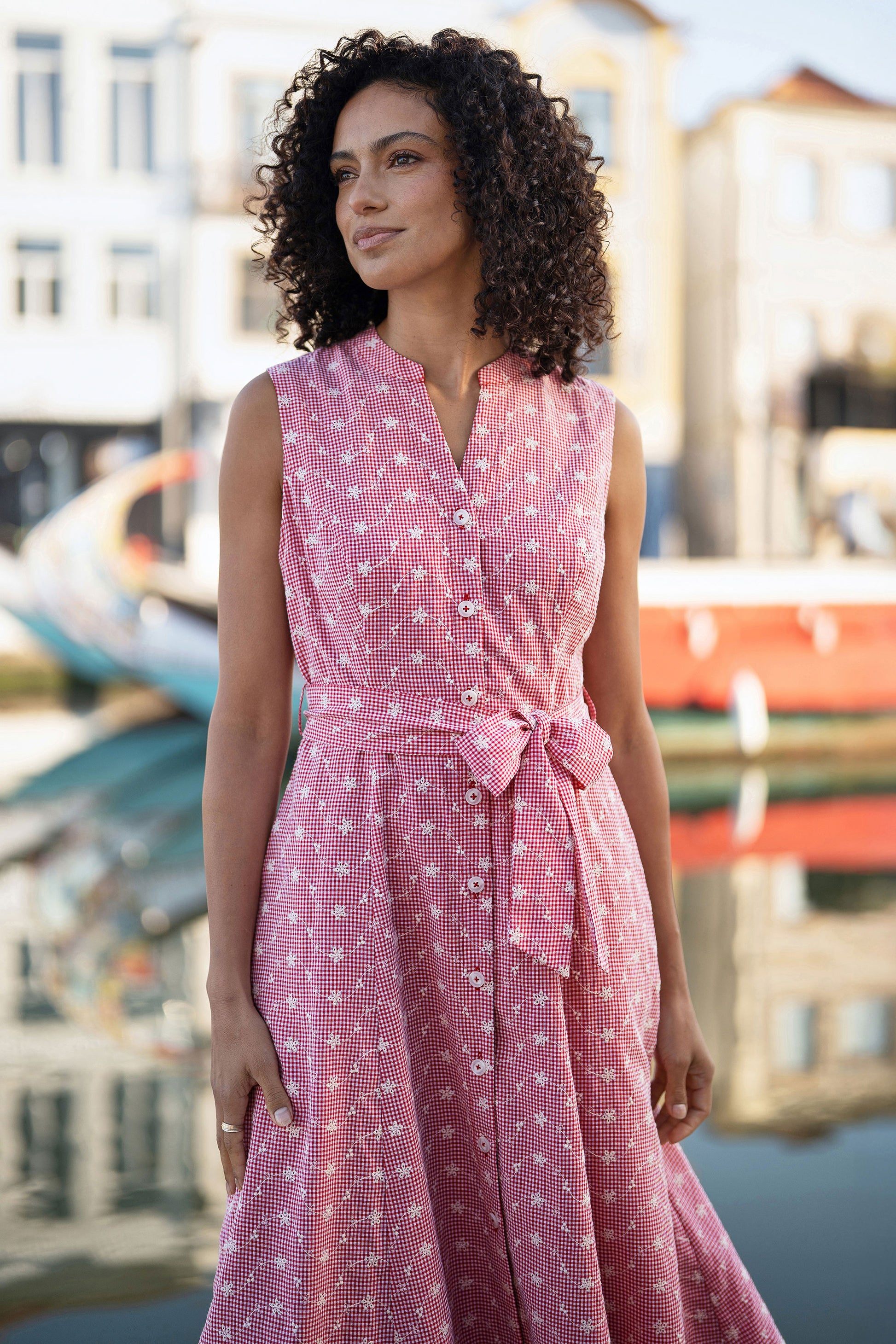 Yumi Red Broderie Anglaise Embroidered Sleeveless Shirt Dress Dress Casual Yumi