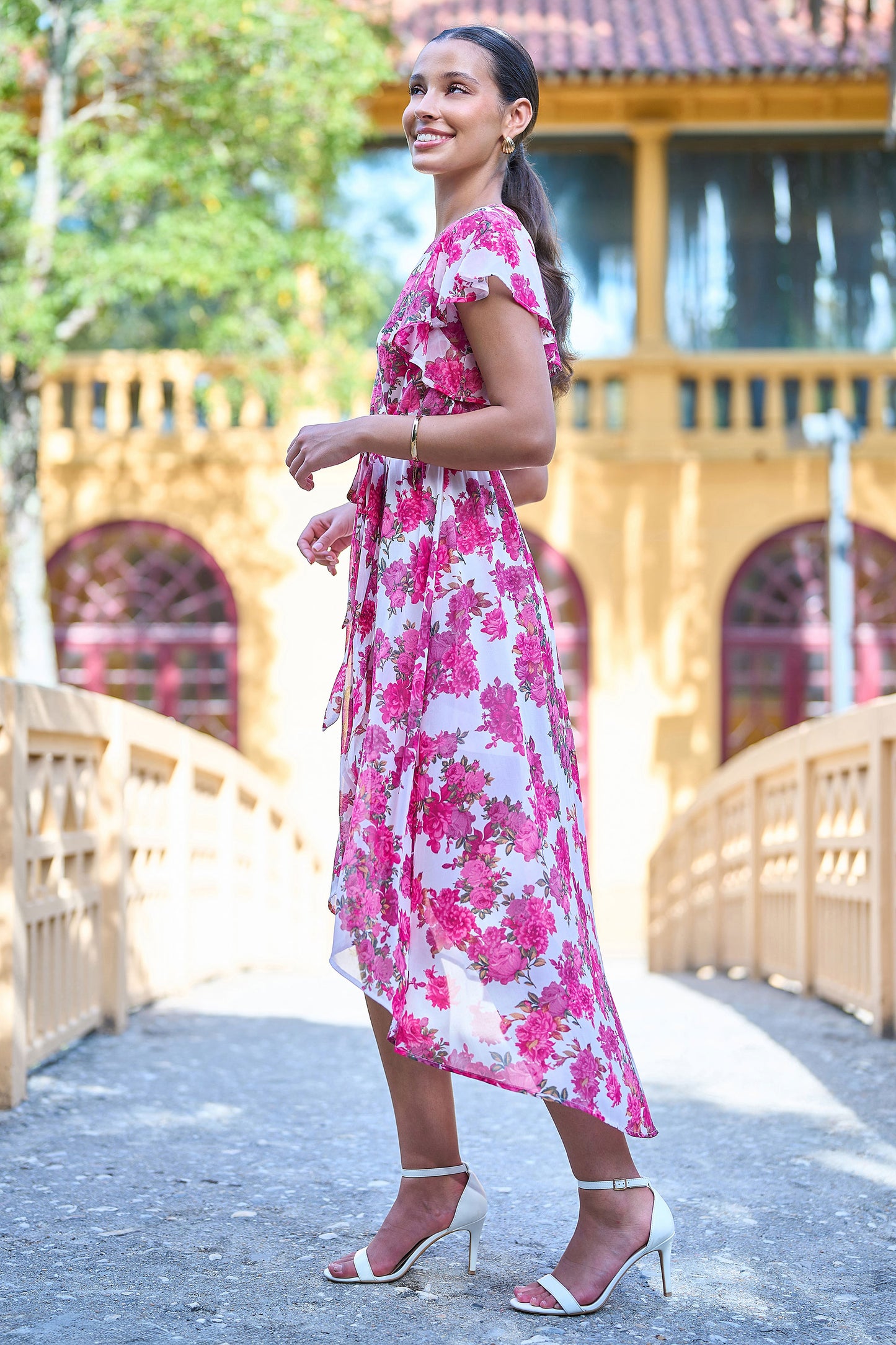 Yumi Ivory Floral Wrap Dress With Dipped Hem Dress Occasion Yumi