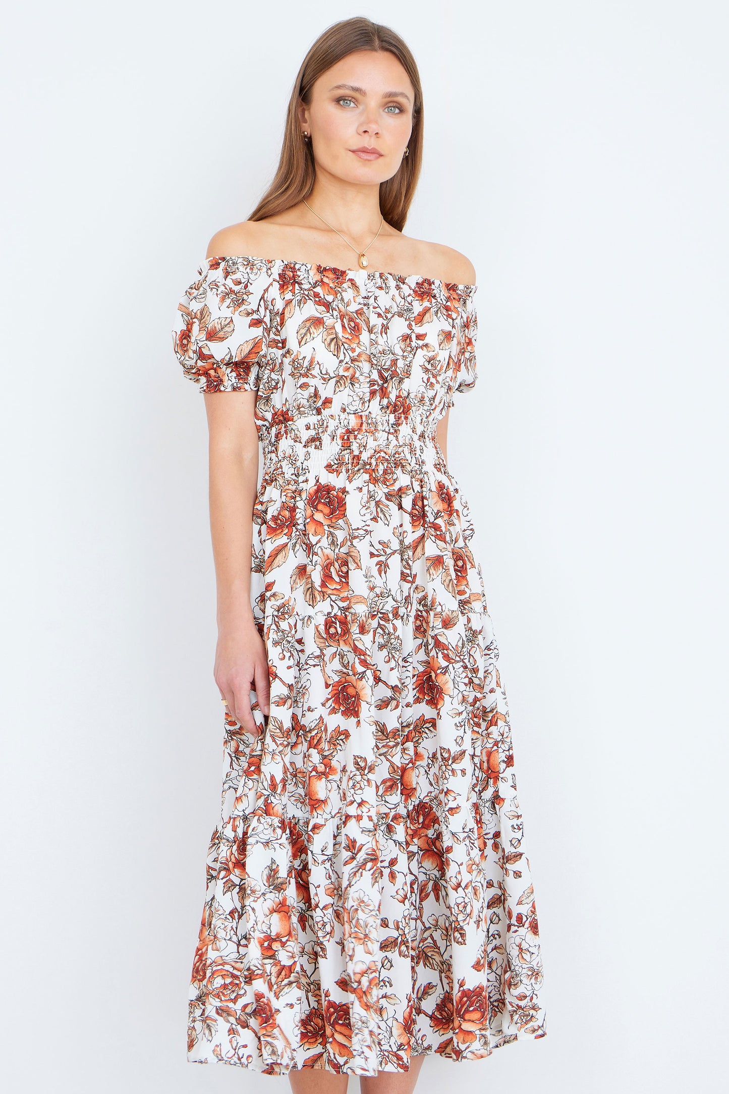 Yumi Orange Floral Ruched Waist Midi Dress Dress Casual Yumi