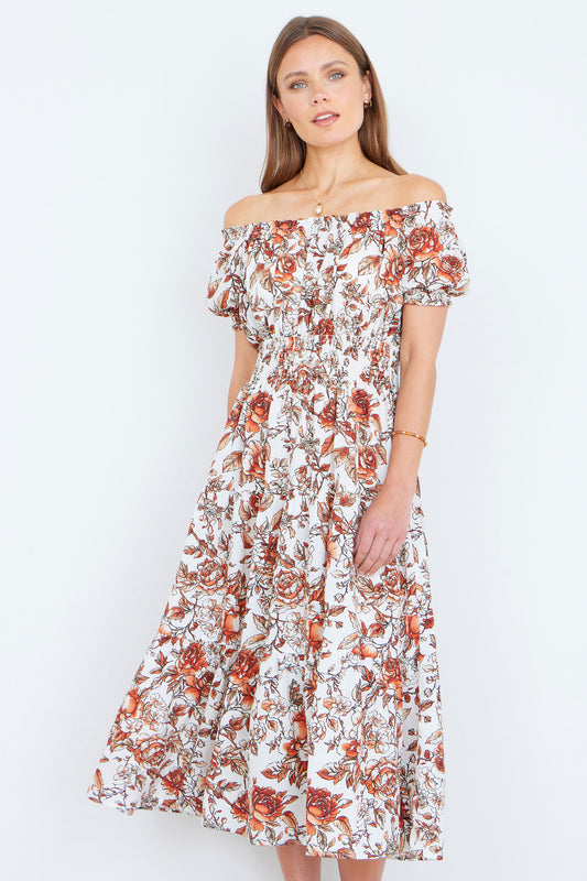 Yumi Orange Floral Ruched Waist Midi Dress Dress Casual Yumi