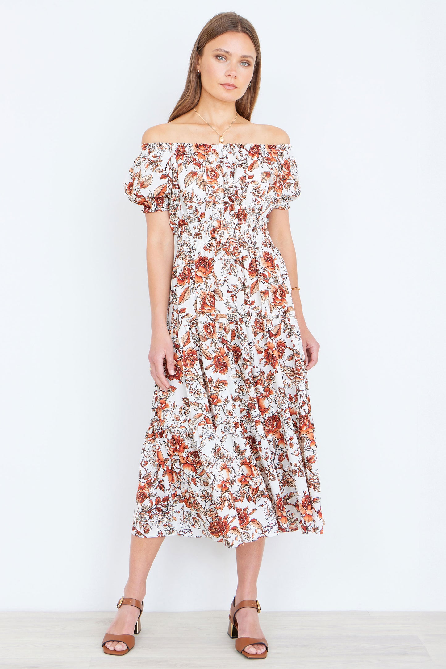 Yumi Orange Floral Ruched Waist Midi Dress Dress Casual Yumi