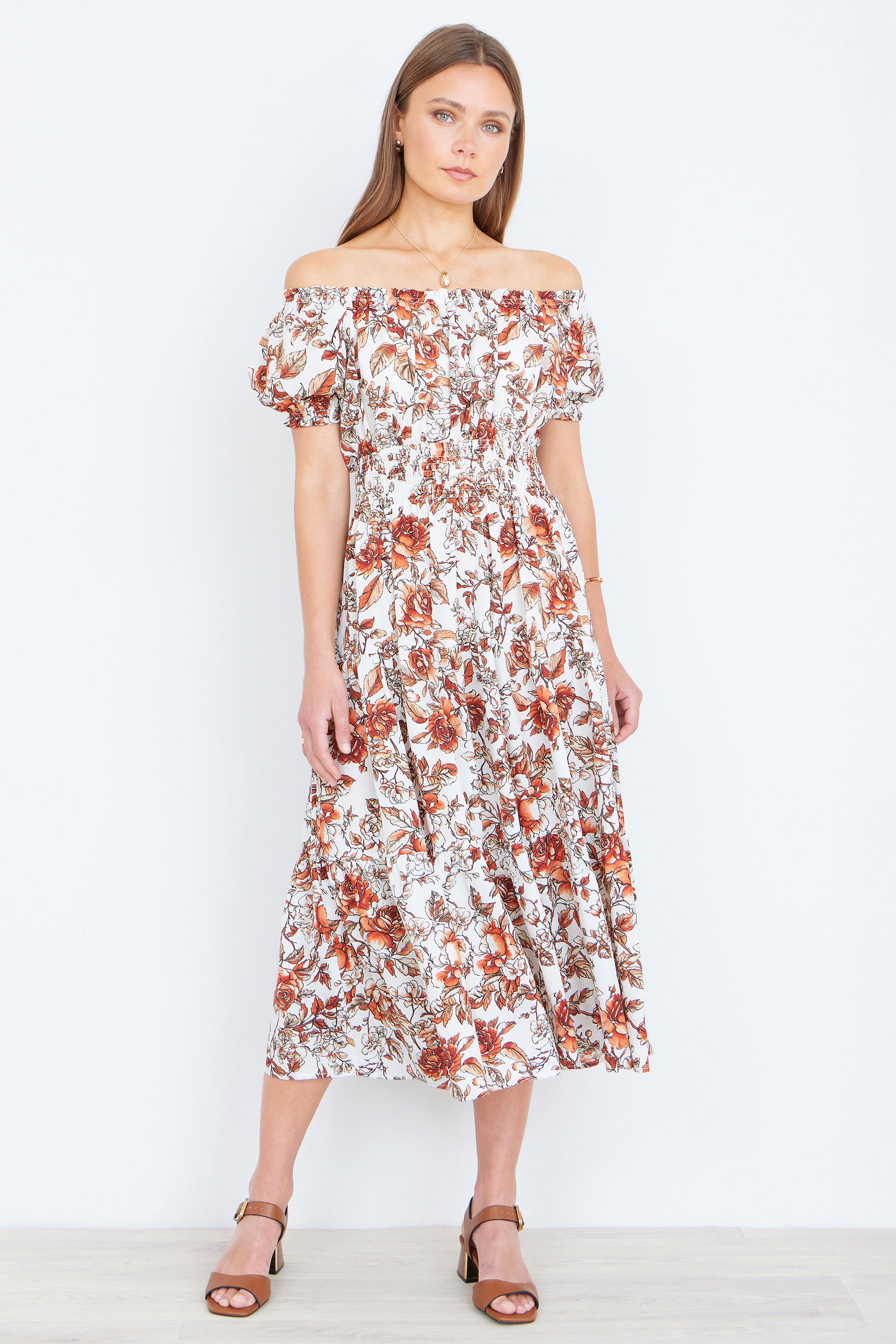 Yumi Orange Floral Ruched Waist Midi Dress Dress Casual Yumi
