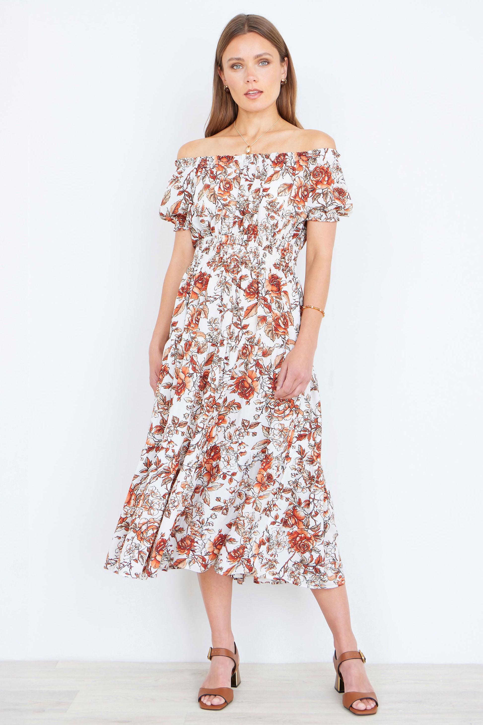 Yumi Orange Floral Ruched Waist Midi Dress Dress Casual Yumi