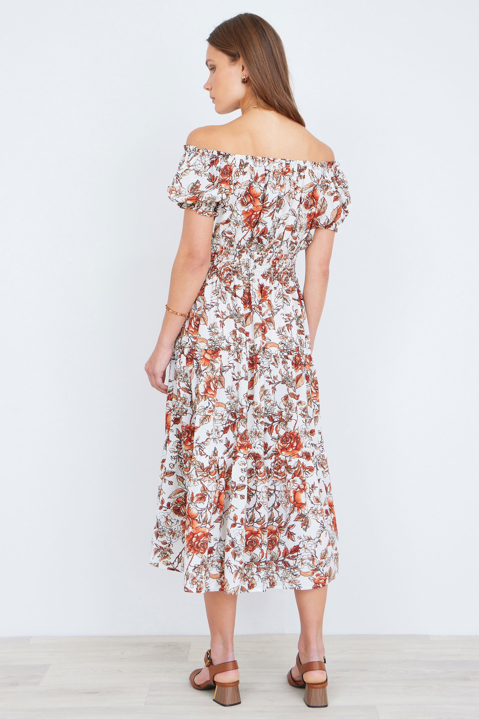 Yumi Orange Floral Ruched Waist Midi Dress Dress Casual Yumi