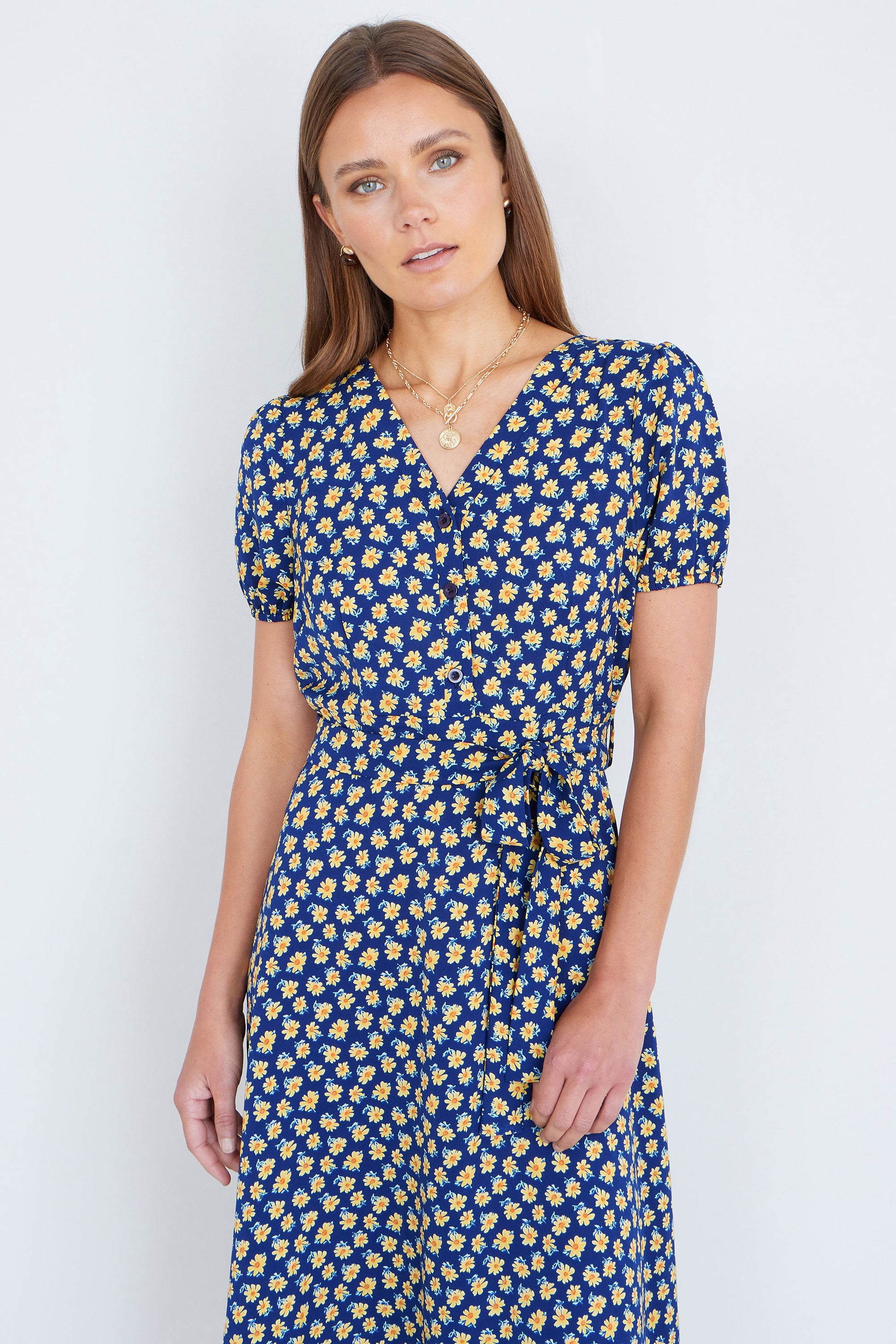 Yumi Navy Floral Midi Shirt Dress Dress Casual Yumi