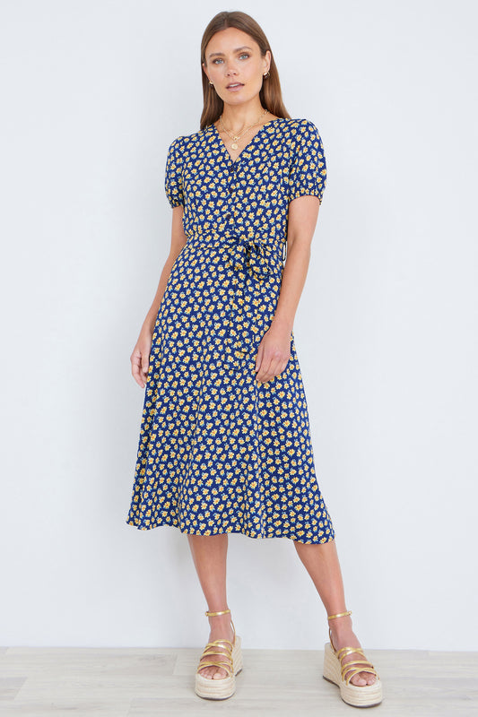 Yumi Navy Floral Midi Shirt Dress Dress Casual Yumi