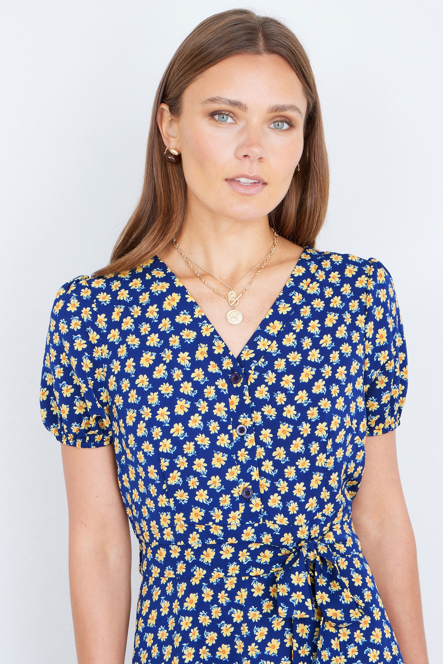 Yumi Navy Floral Midi Shirt Dress Dress Casual Yumi