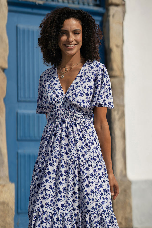 Yumi Blue Floral Ruched Waist Midi Dress With Angel Sleeves Dress Casual Yumi