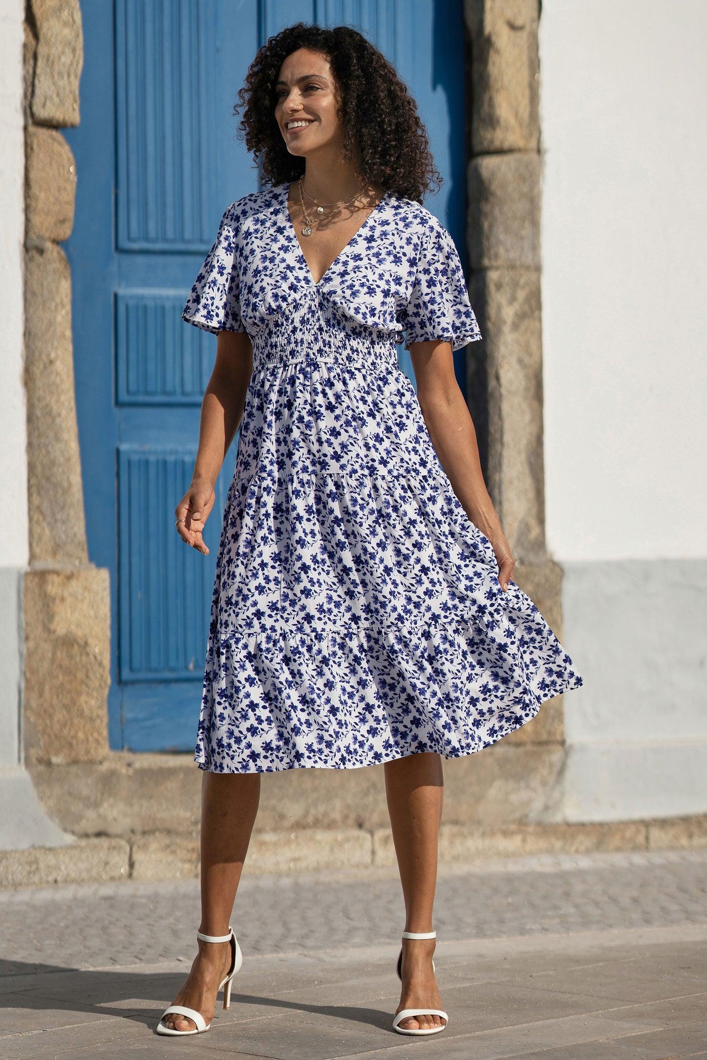 Yumi Blue Floral Ruched Waist Midi Dress With Angel Sleeves Dress Casual Yumi