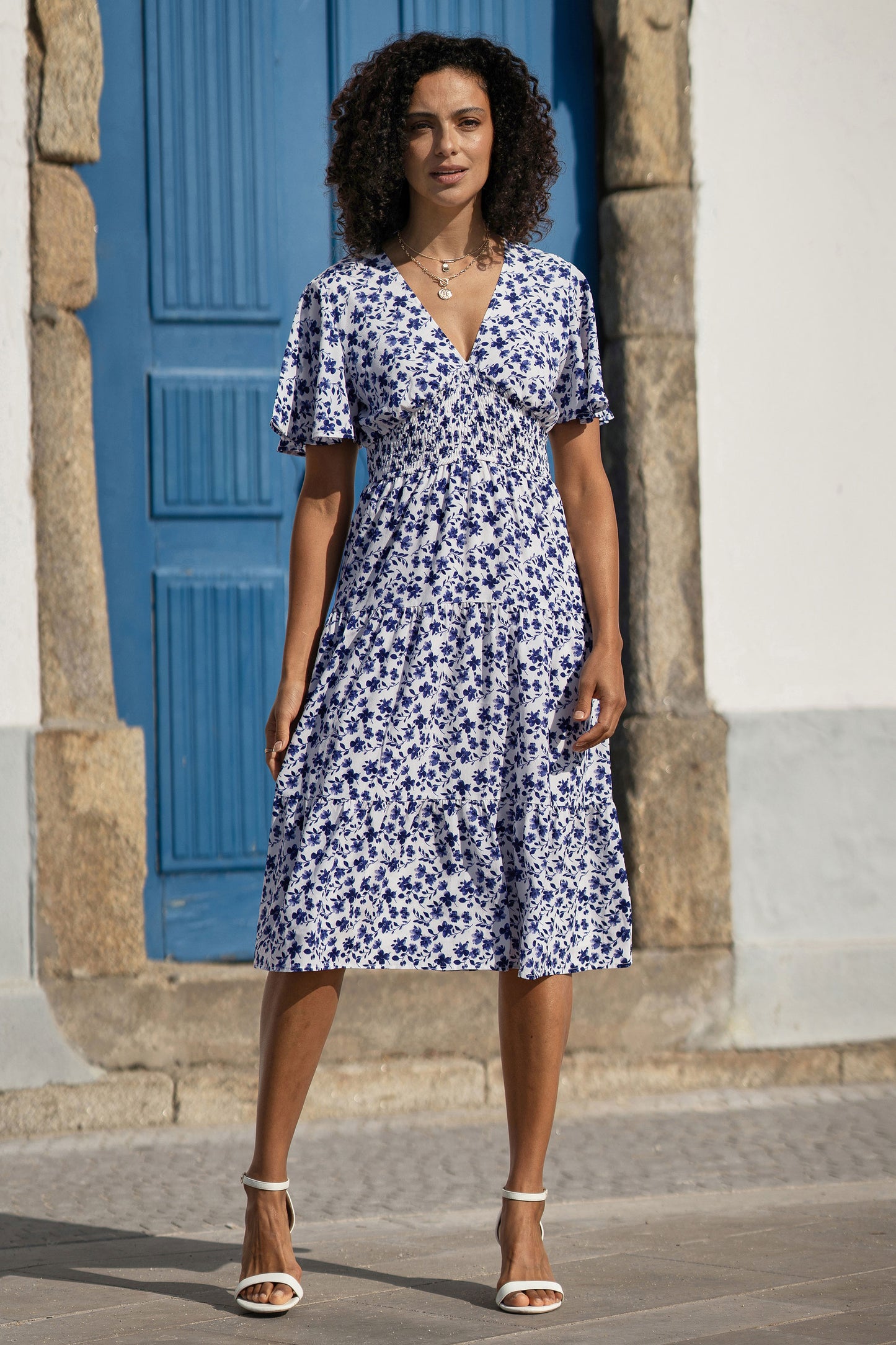 Yumi Blue Floral Ruched Waist Midi Dress With Angel Sleeves Dress Casual Yumi