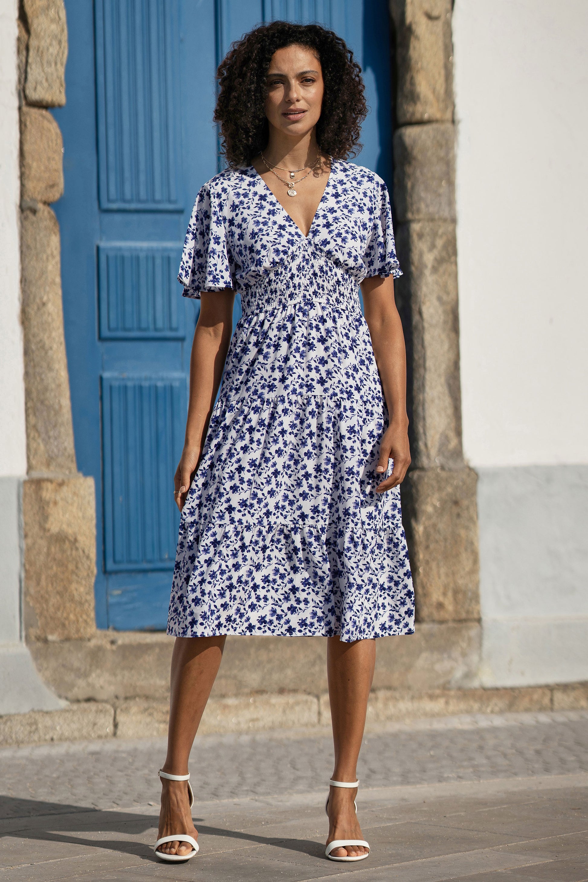 Yumi Blue Floral Ruched Waist Midi Dress With Angel Sleeves Dress Casual Yumi