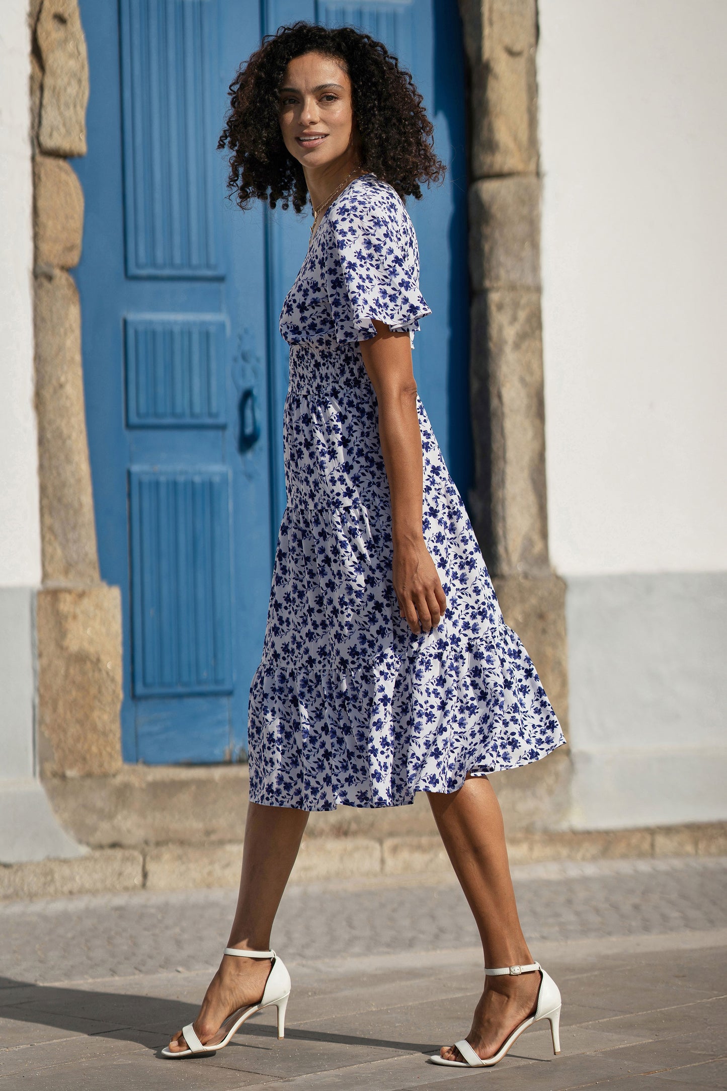 Yumi Blue Floral Ruched Waist Midi Dress With Angel Sleeves Dress Casual Yumi