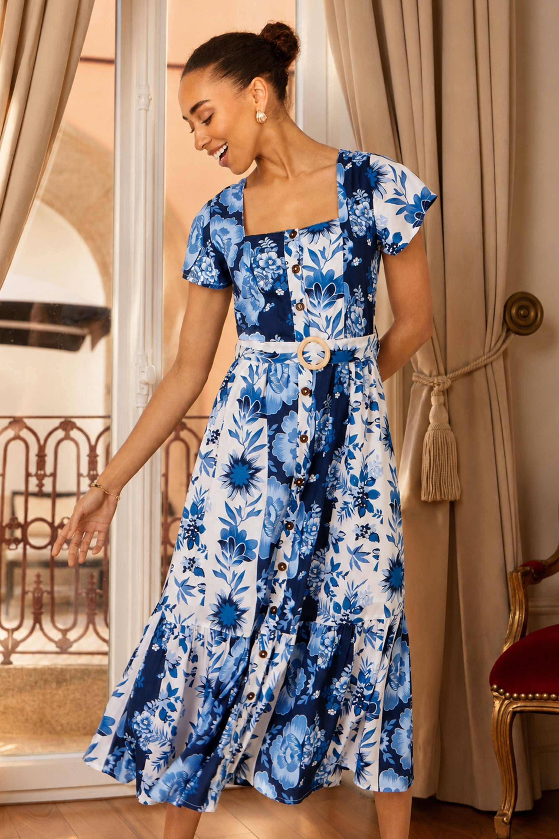 Yumi Blue Floral Viscose Midi Shirt Dress With Matching Belt Dress Casual Yumi