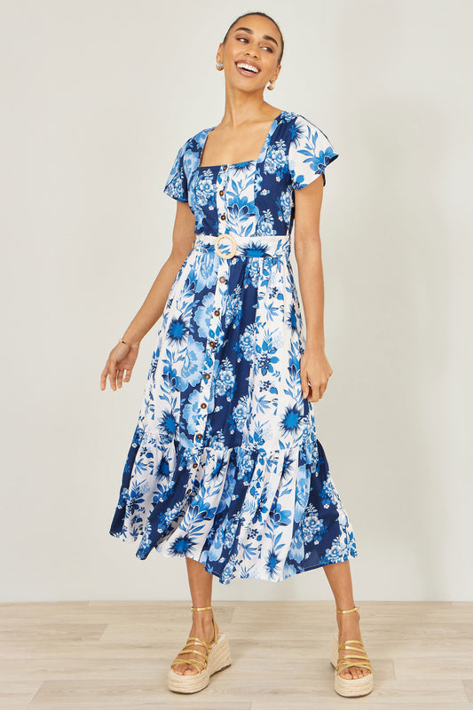 Yumi Blue Floral Viscose Midi Shirt Dress With Matching Belt Dress Casual Yumi