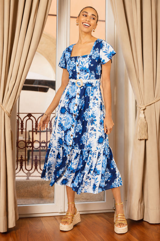 Yumi Blue Floral Viscose Midi Shirt Dress With Matching Belt Dress Casual Yumi