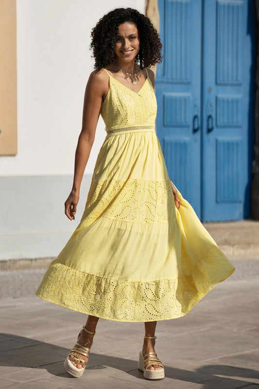 Yumi Butter Yellow Cotton Lace Trim Midi Dress Beachwear Yumi