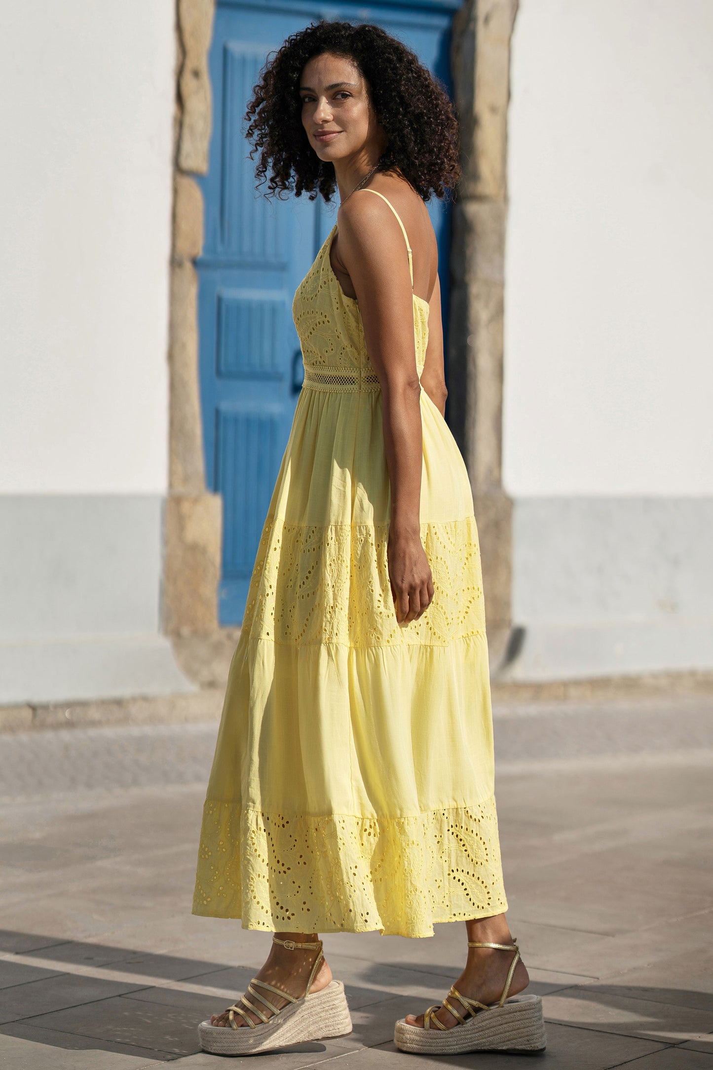 Yumi Butter Yellow Cotton Lace Trim Midi Dress Beachwear Yumi