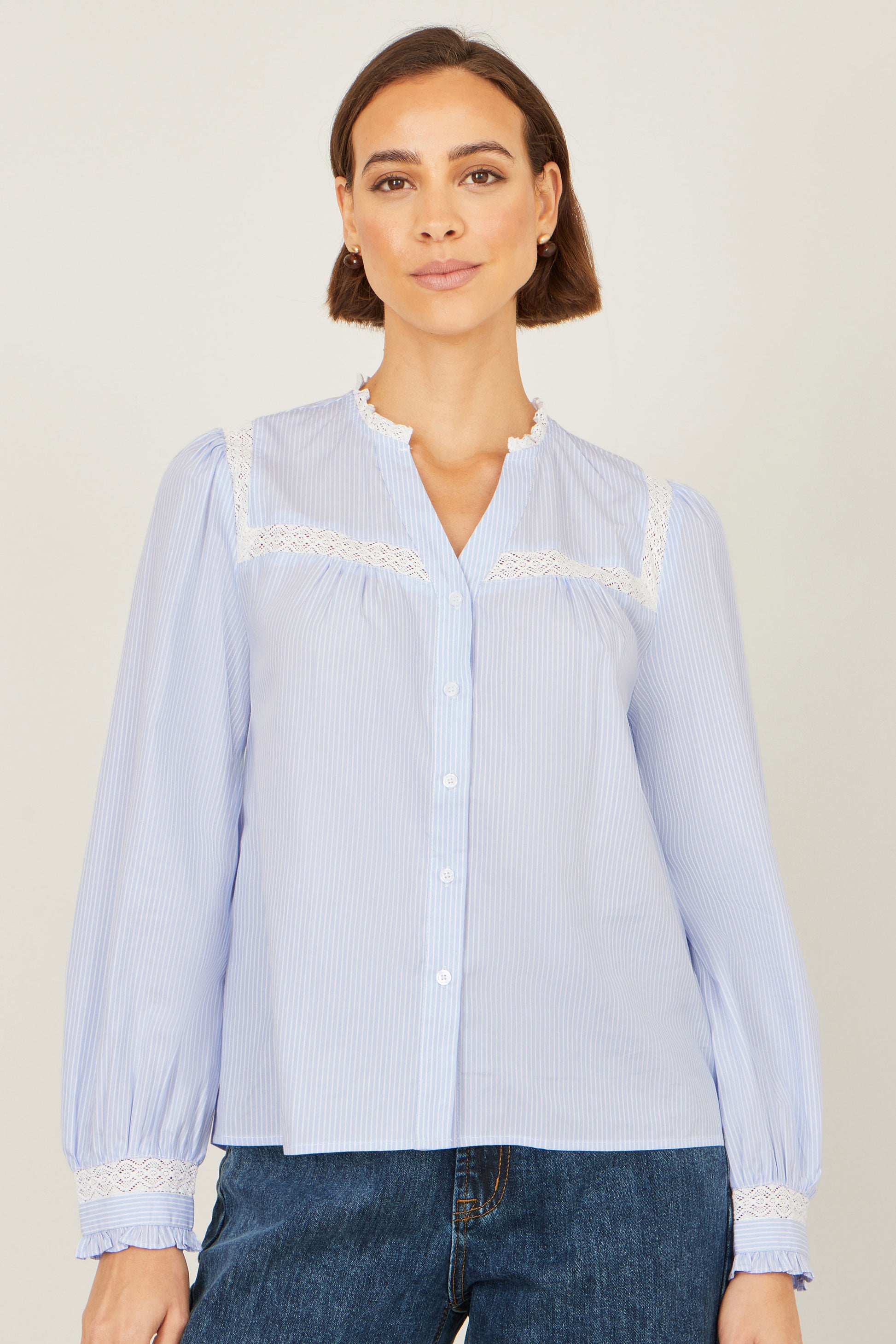 Yumi Blue Stripe Shirt With Lace Detail SHIRT Yumi