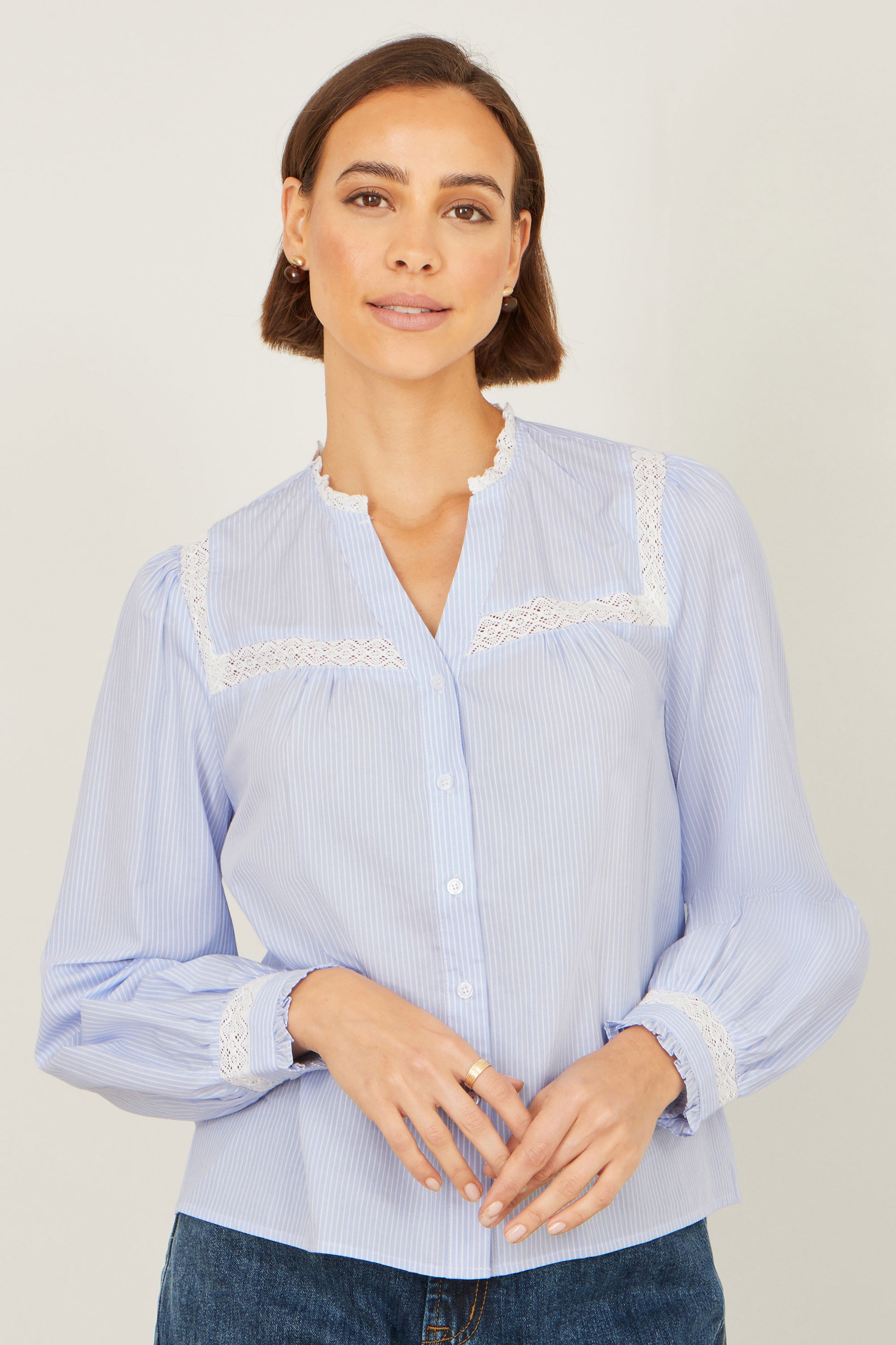 Yumi Blue Stripe Shirt With Lace Detail SHIRT Yumi