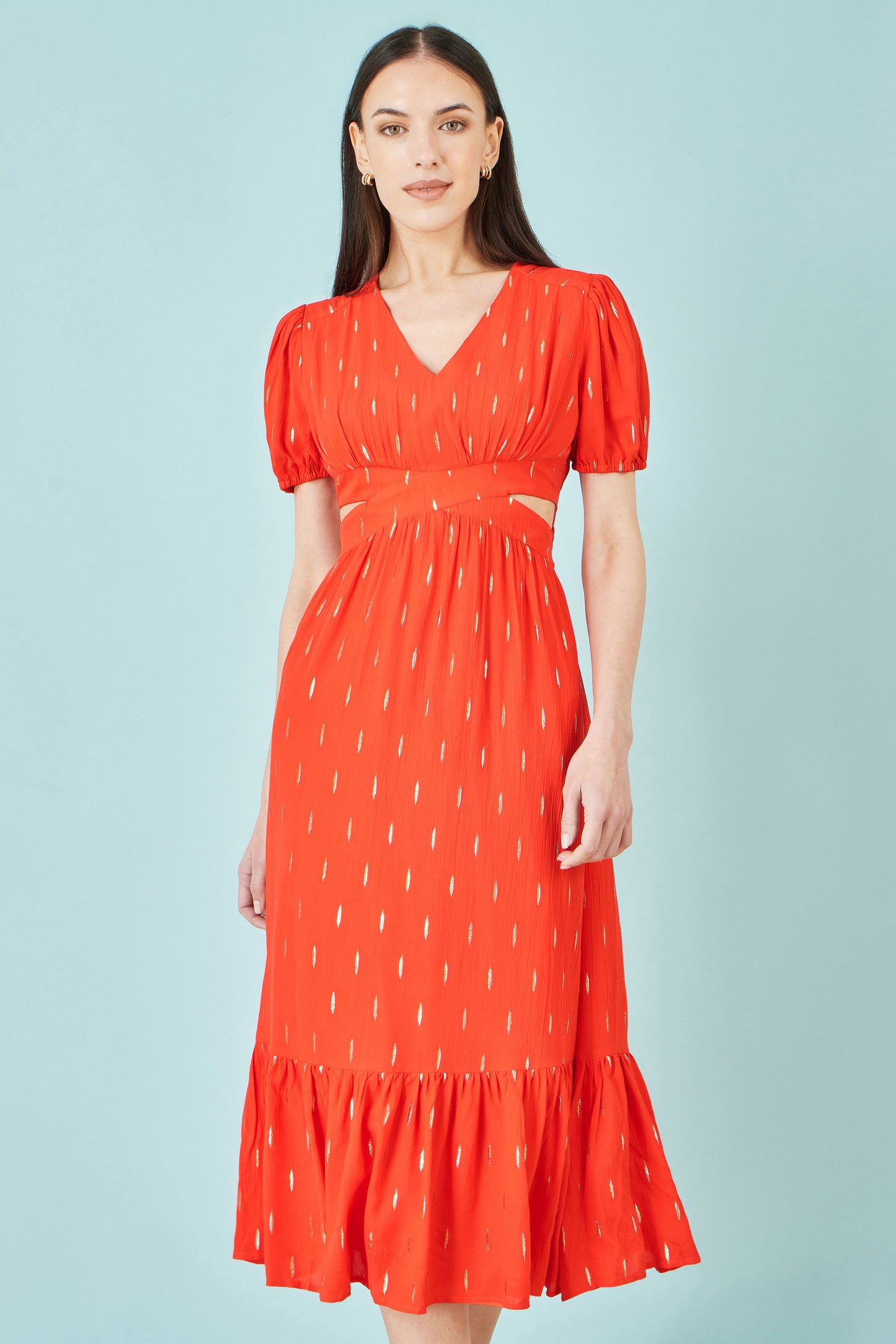 Yumi Orange Foil Print Viscose Cut Out Midi Dress Beachwear Yumi
