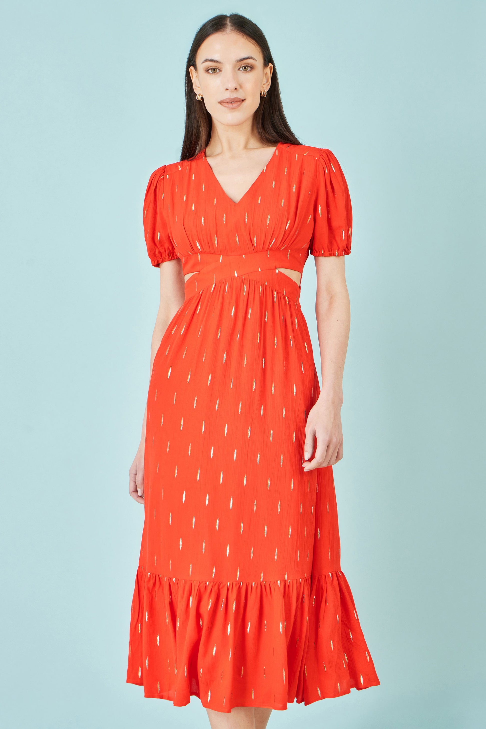 Yumi Orange Foil Print Viscose Cut Out Midi Dress Beachwear Yumi