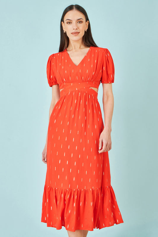 Yumi Orange Foil Print Viscose Cut Out Midi Dress Beachwear Yumi