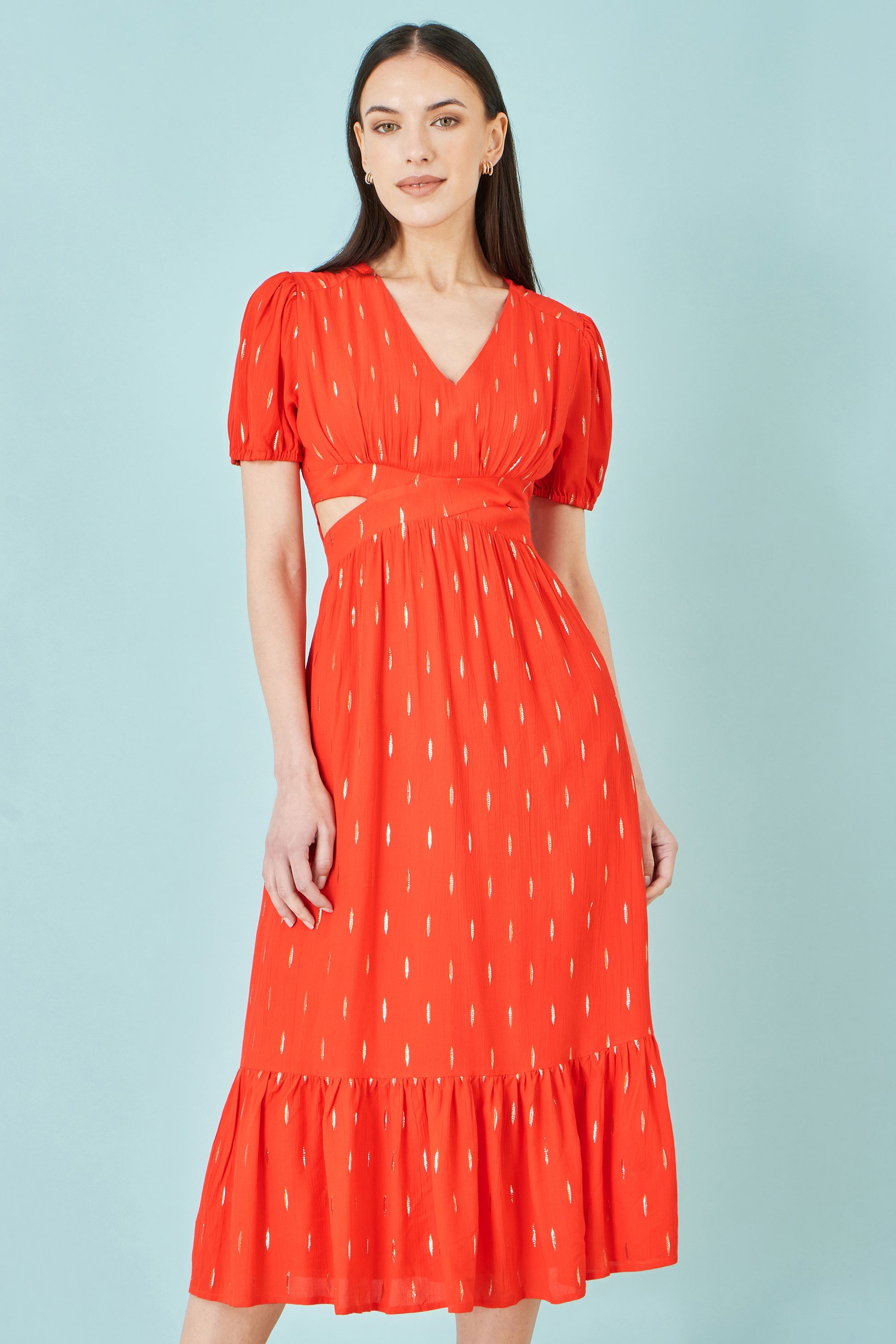 Yumi Orange Foil Print Viscose Cut Out Midi Dress Beachwear Yumi