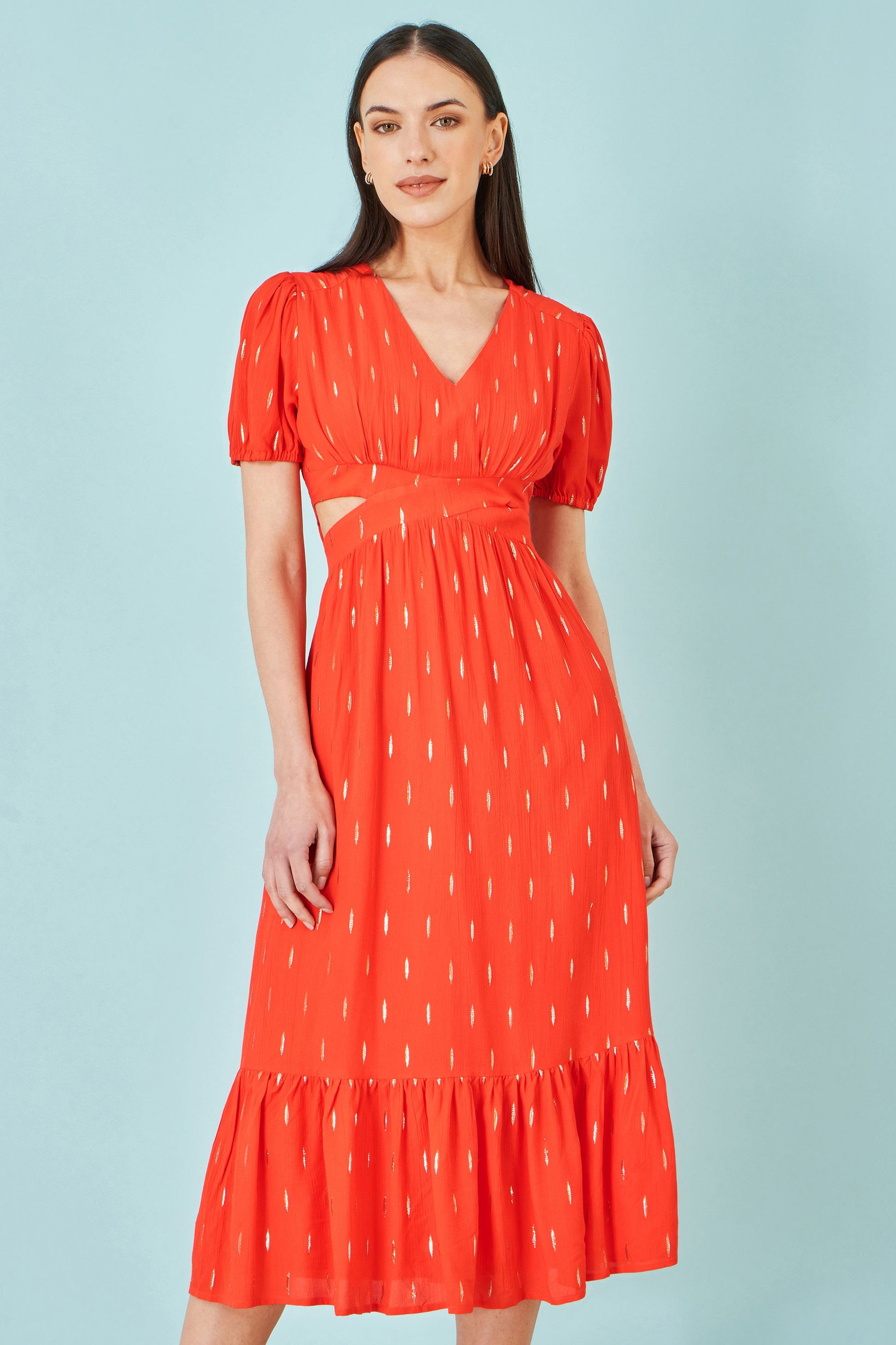 Yumi Orange Foil Print Viscose Cut Out Midi Dress Beachwear Yumi