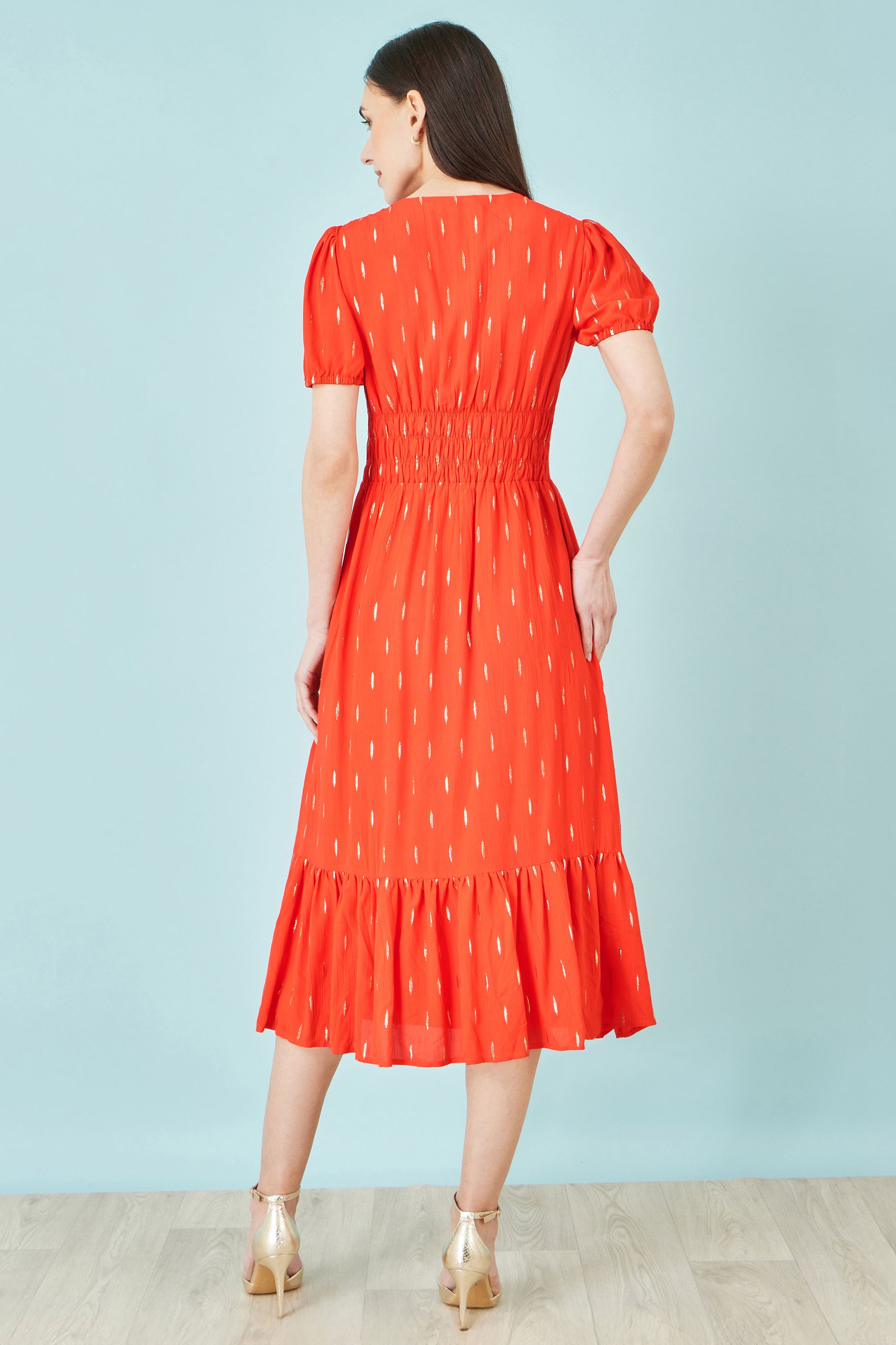 Yumi Orange Foil Print Viscose Cut Out Midi Dress Beachwear Yumi