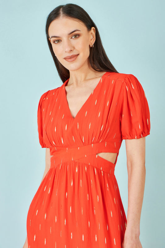 Yumi Orange Foil Print Viscose Cut Out Midi Dress Beachwear Yumi
