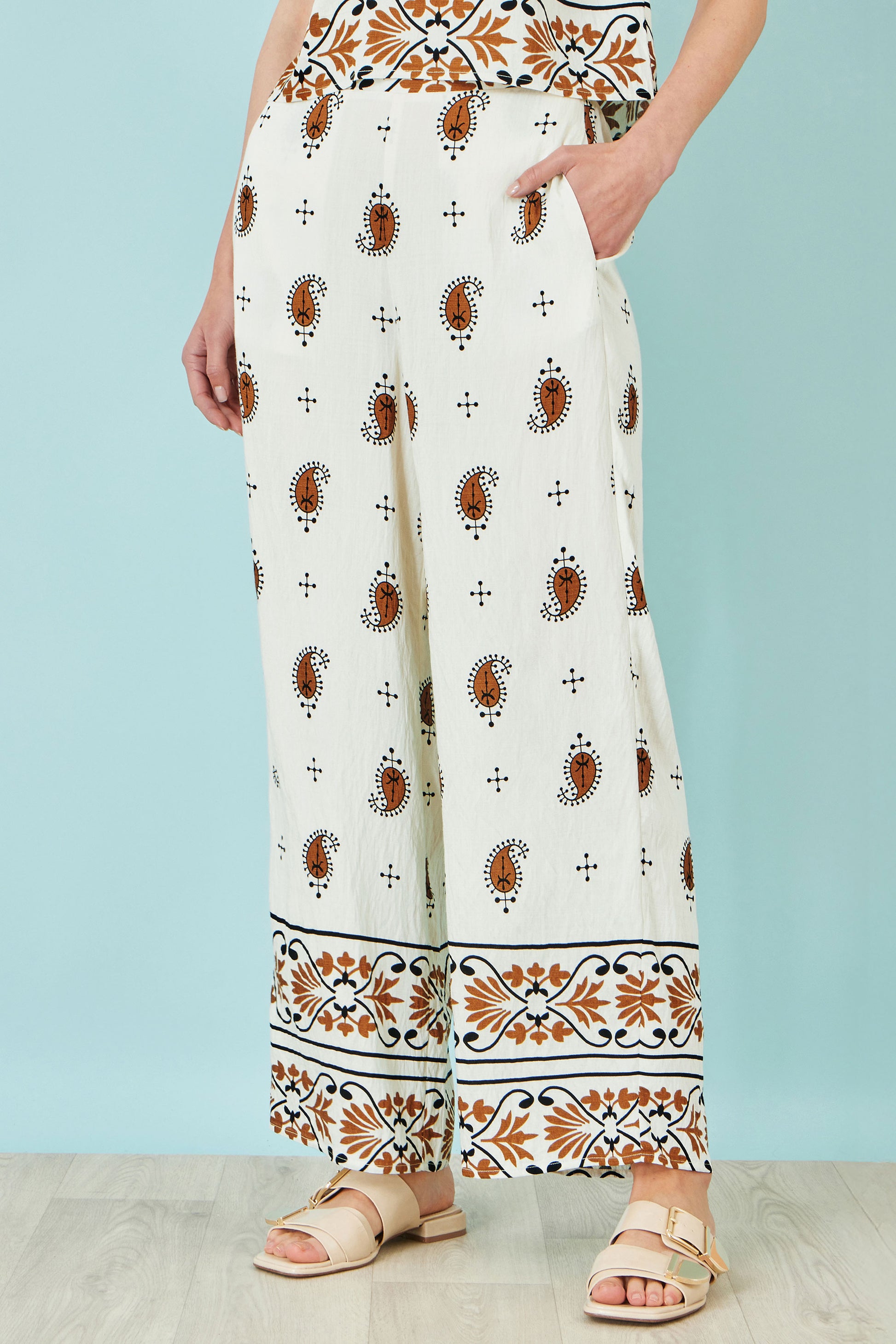 Yumi Ivory Viscose Paisley Wide Leg Trousers TROUSER Yumi