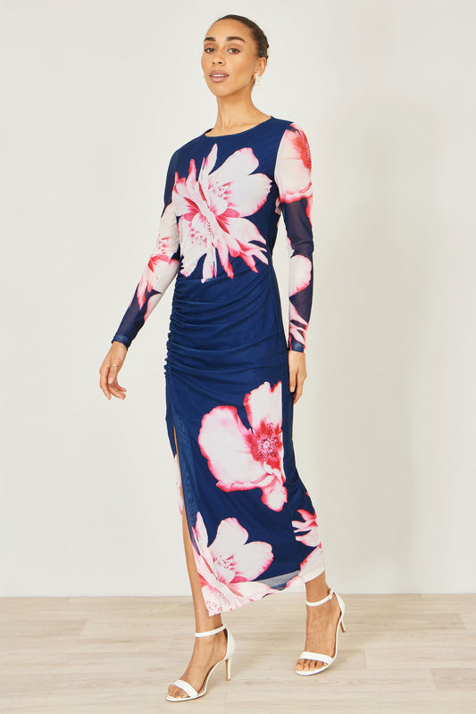 Yumi Navy Floral Placement Floral Long Sleeve Mesh Maxi Dress Dress Occasion Yumi