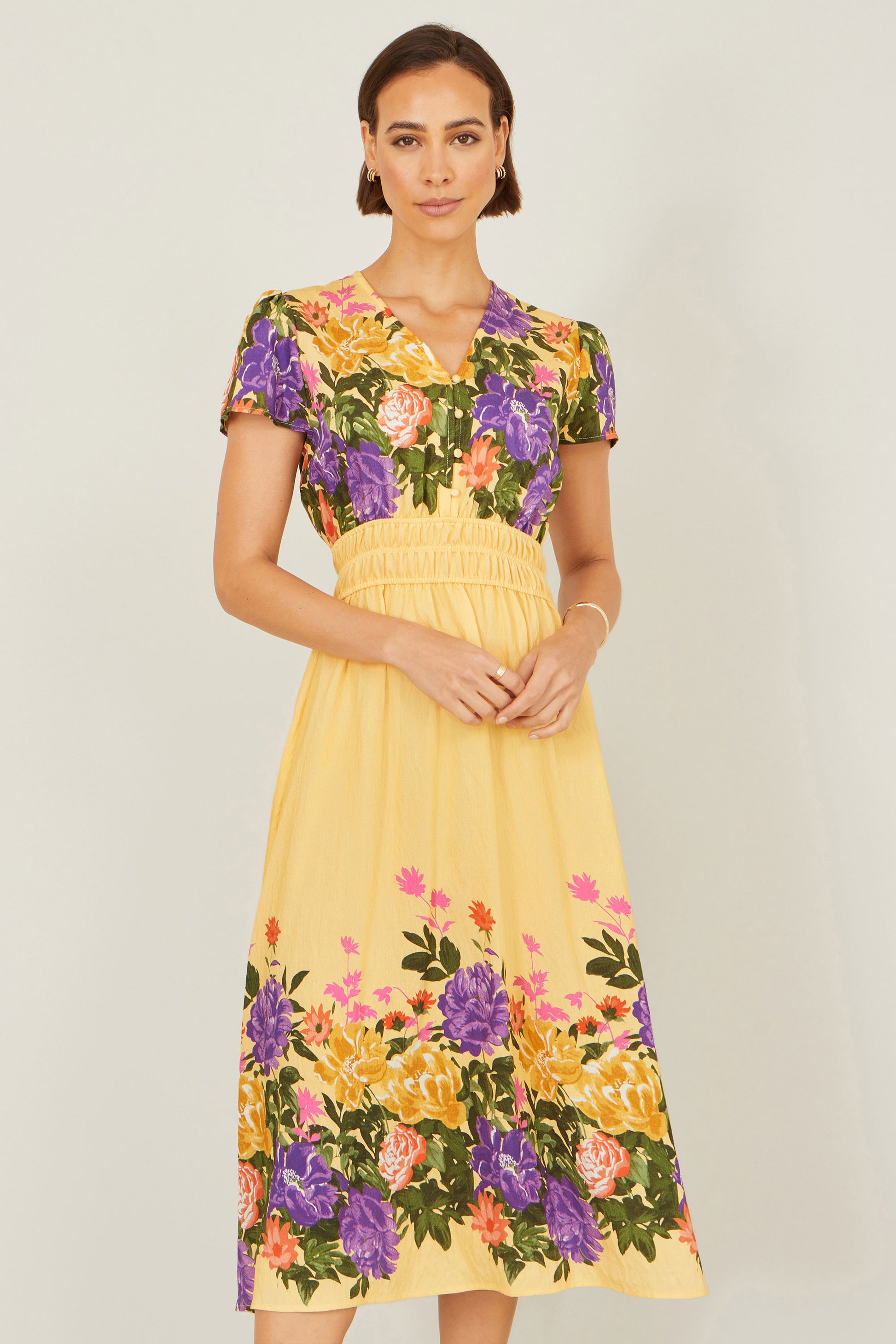Yumi Butter Yellow Floral Mirror Print Viscose Midi Dress Dress Occasion Yumi