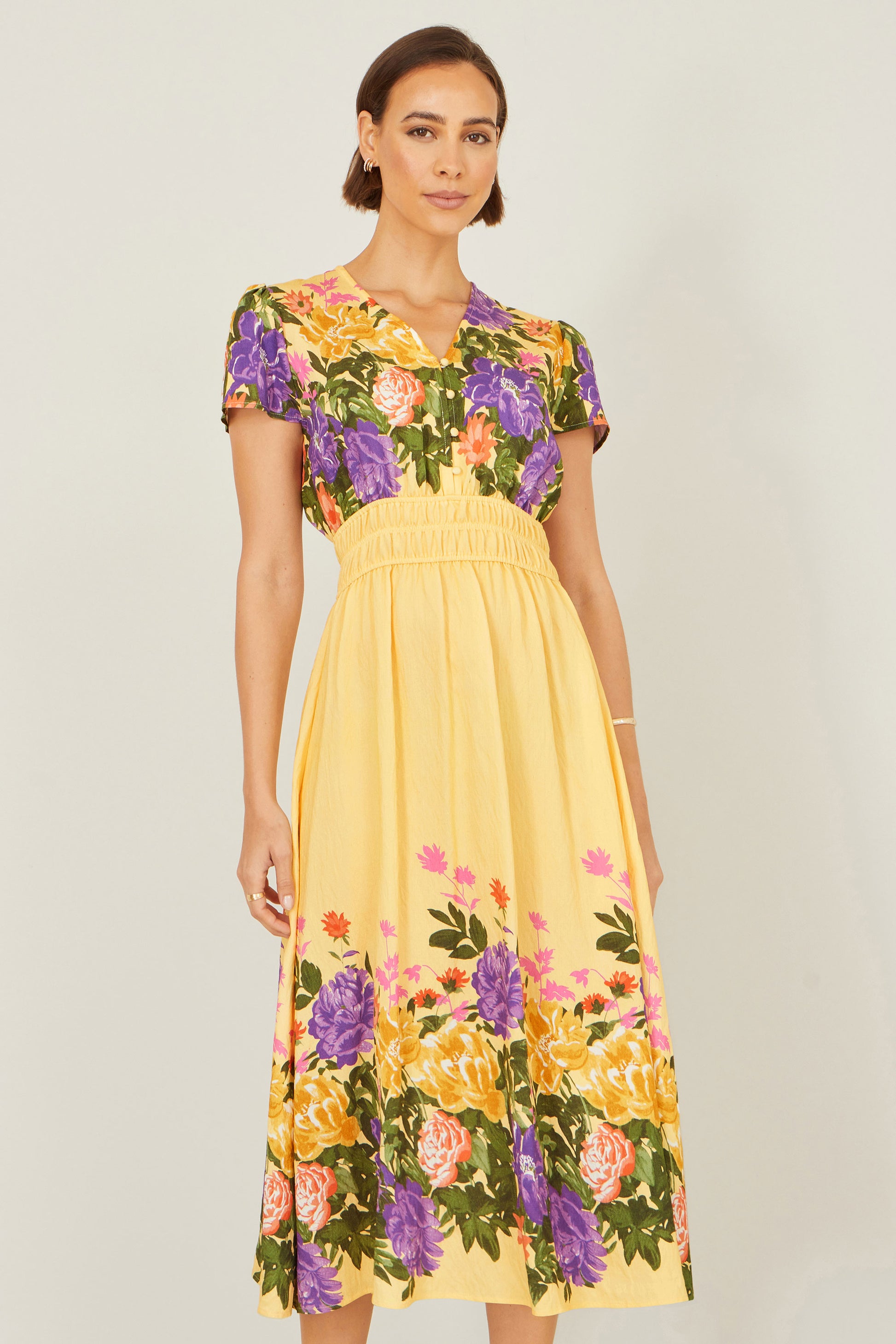 Yumi Butter Yellow Floral Mirror Print Viscose Midi Dress Dress Occasion Yumi