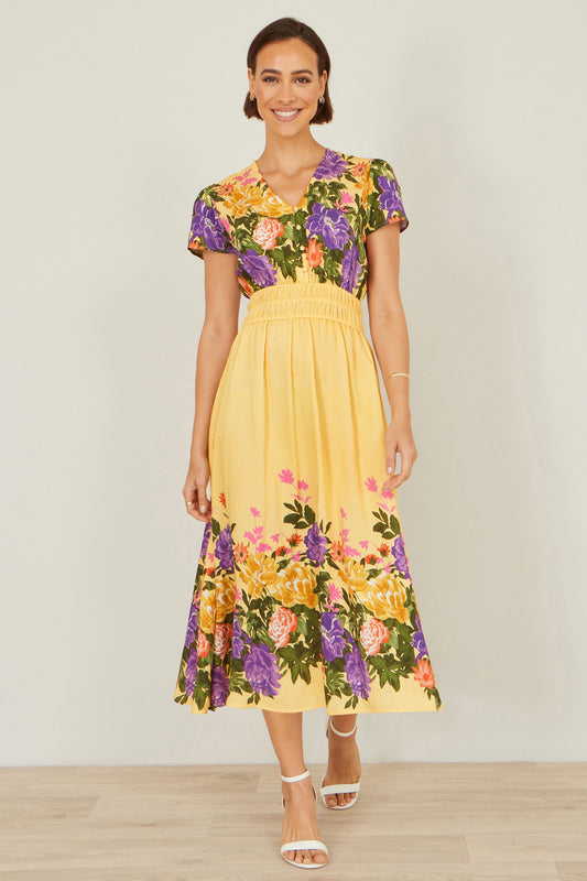 Yumi Butter Yellow Floral Mirror Print Viscose Midi Dress Dress Occasion Yumi