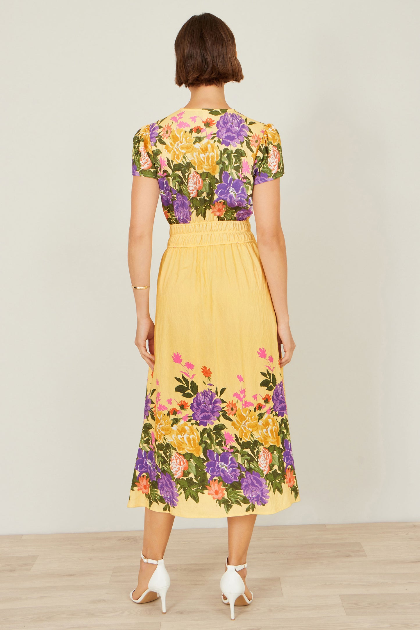 Yumi Butter Yellow Floral Mirror Print Viscose Midi Dress Dress Occasion Yumi