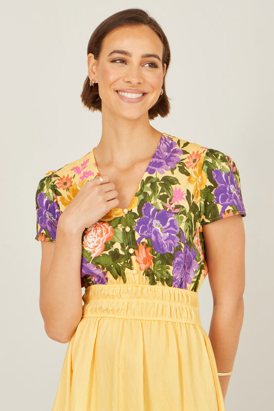 Yumi Butter Yellow Floral Mirror Print Viscose Midi Dress Dress Occasion Yumi