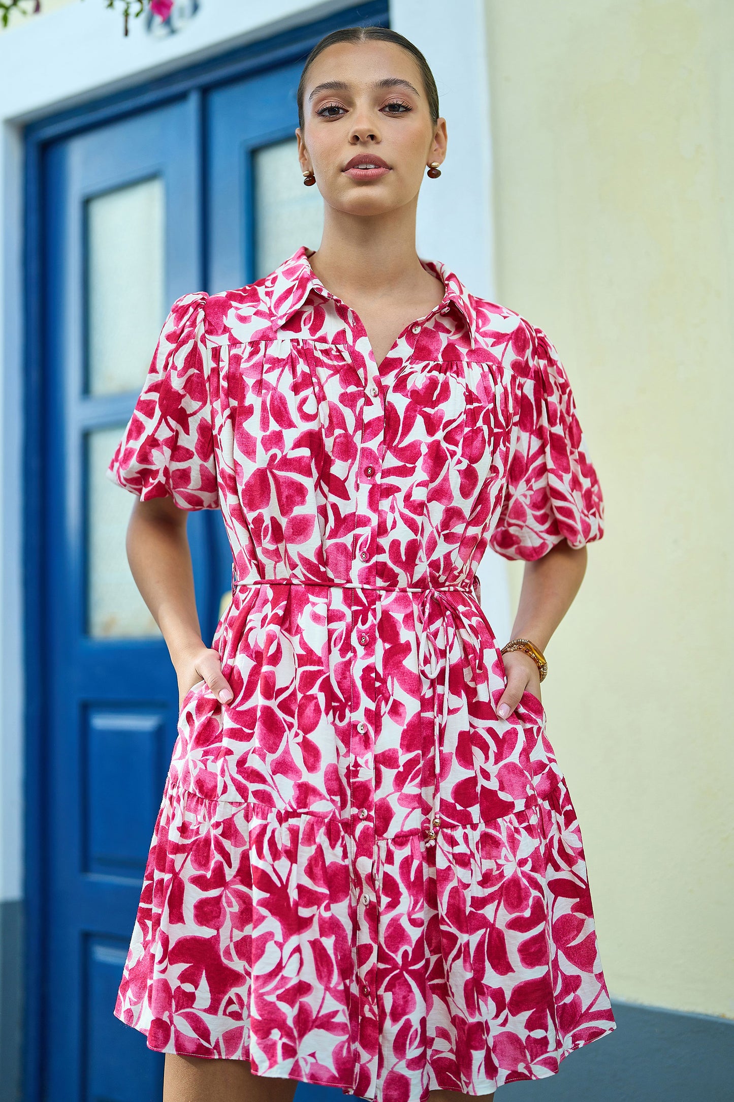 Yumi Pink Floral Print Viscose Relaxed Shirt Dress Dress Casual Yumi