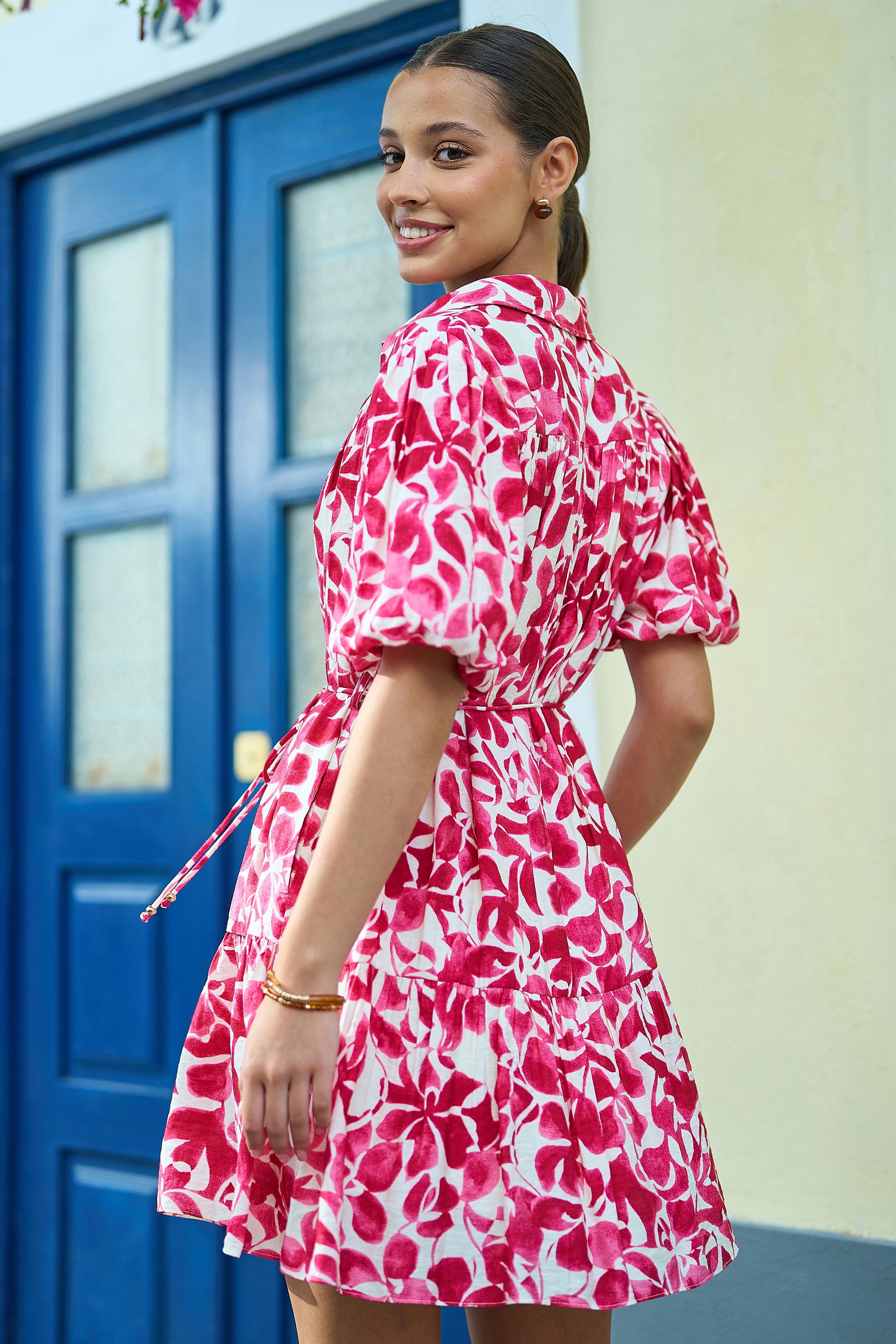 Yumi Pink Floral Print Viscose Relaxed Shirt Dress Dress Casual Yumi