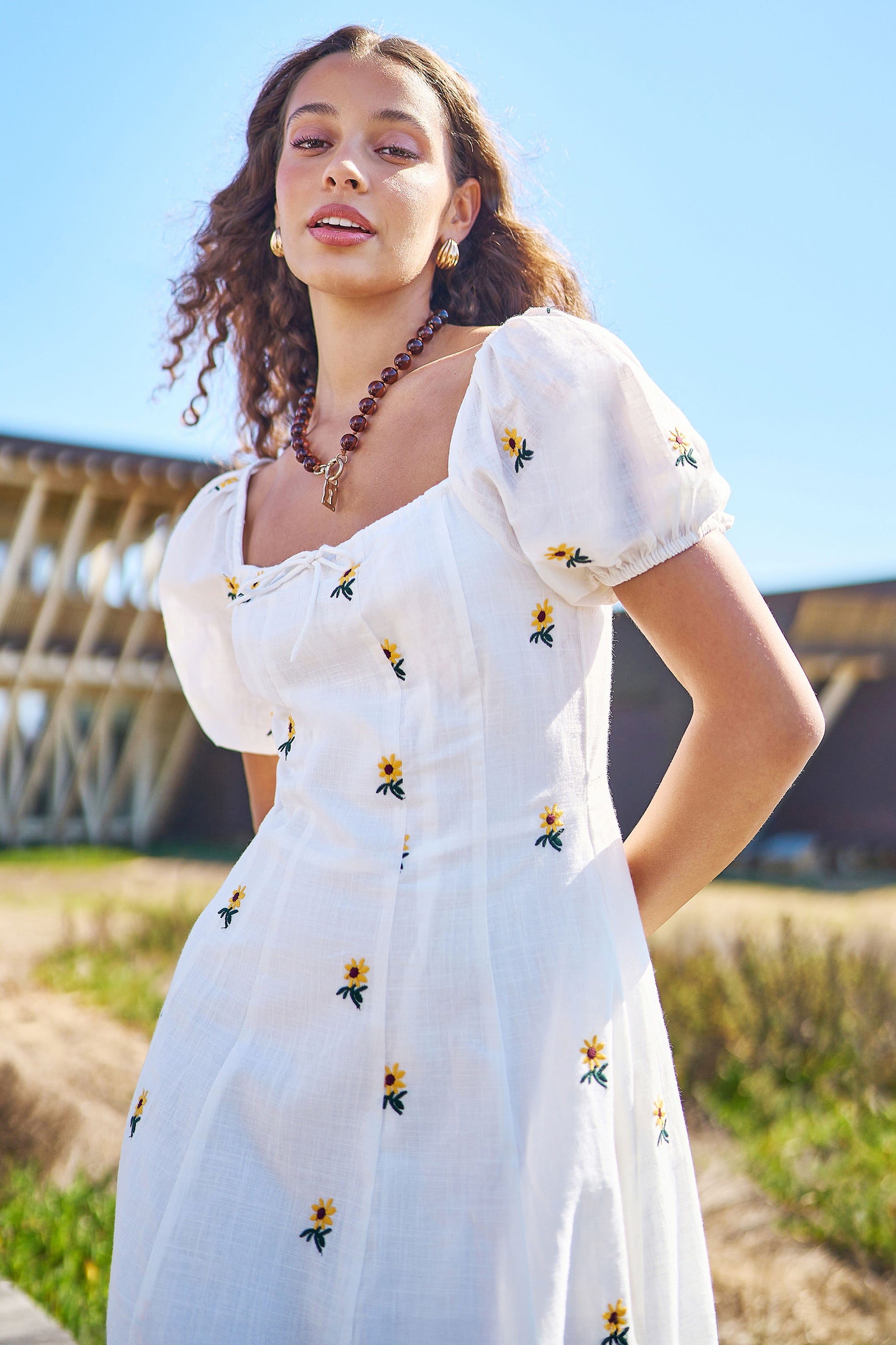 Yumi White Cotton Sunflower Embroidered Midi Dress Dress Casual Yumi