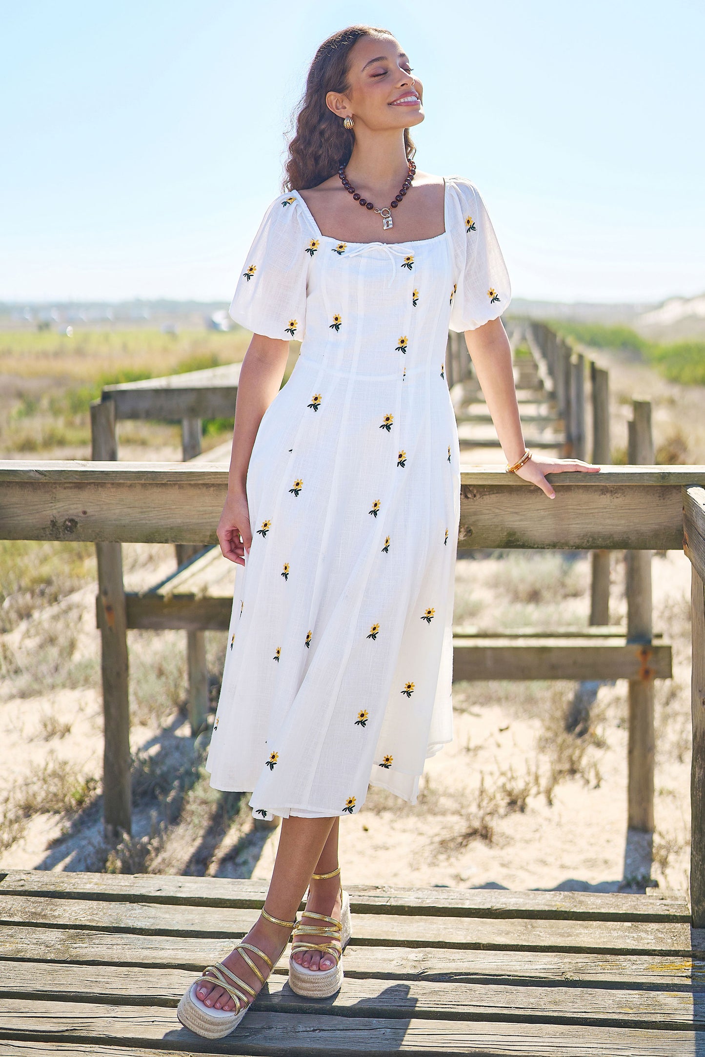 Yumi White Cotton Sunflower Embroidered Midi Dress Dress Casual Yumi