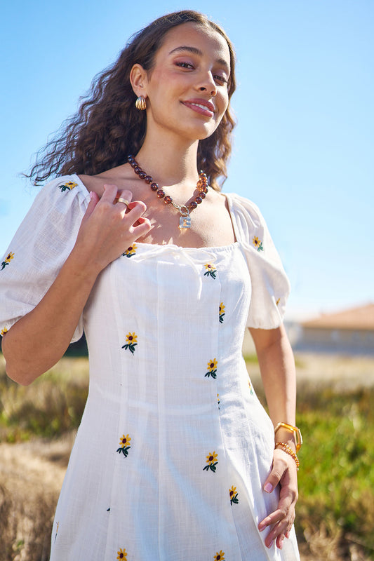 Yumi White Cotton Sunflower Embroidered Midi Dress Dress Casual Yumi