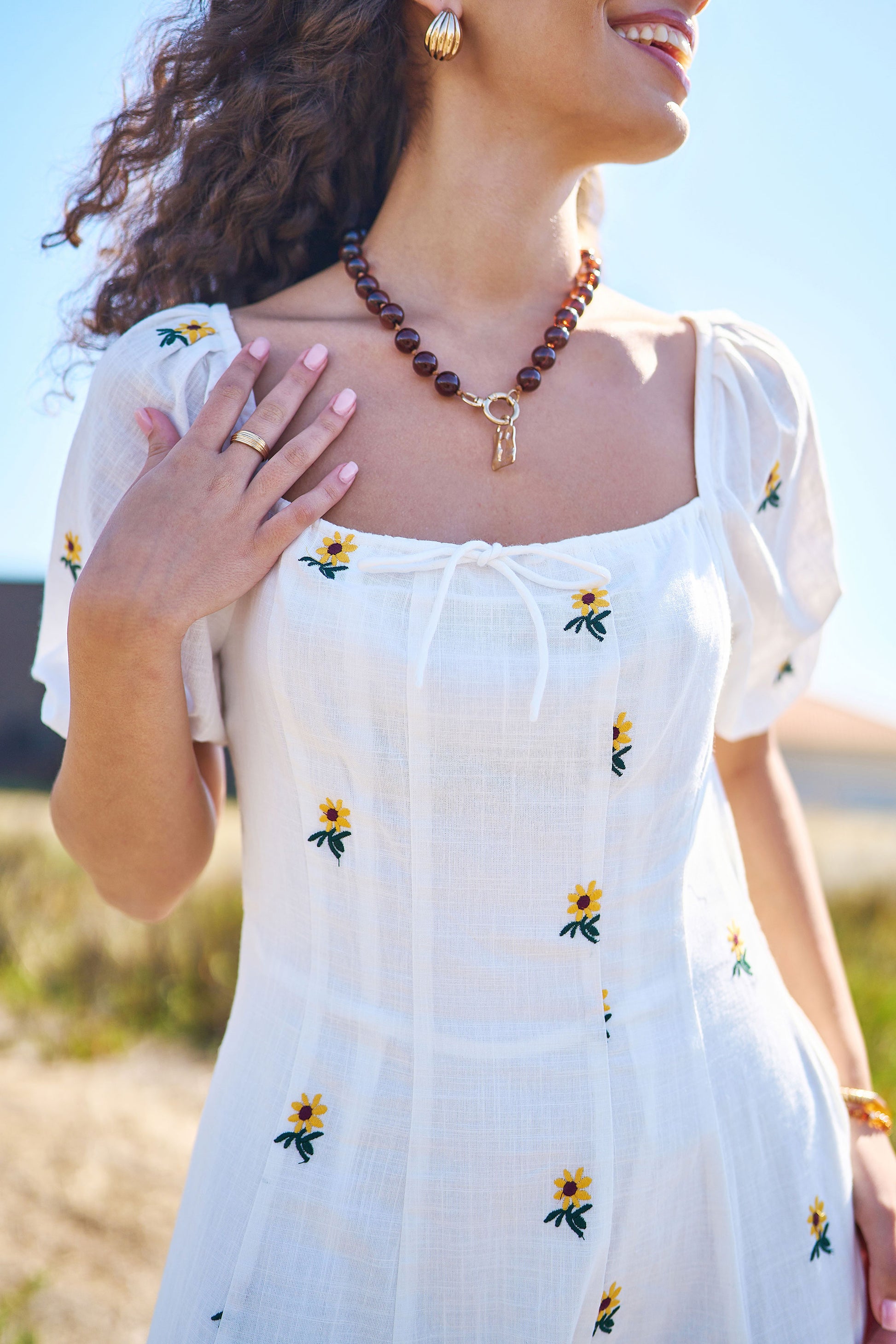 Yumi White Cotton Sunflower Embroidered Midi Dress Dress Casual Yumi