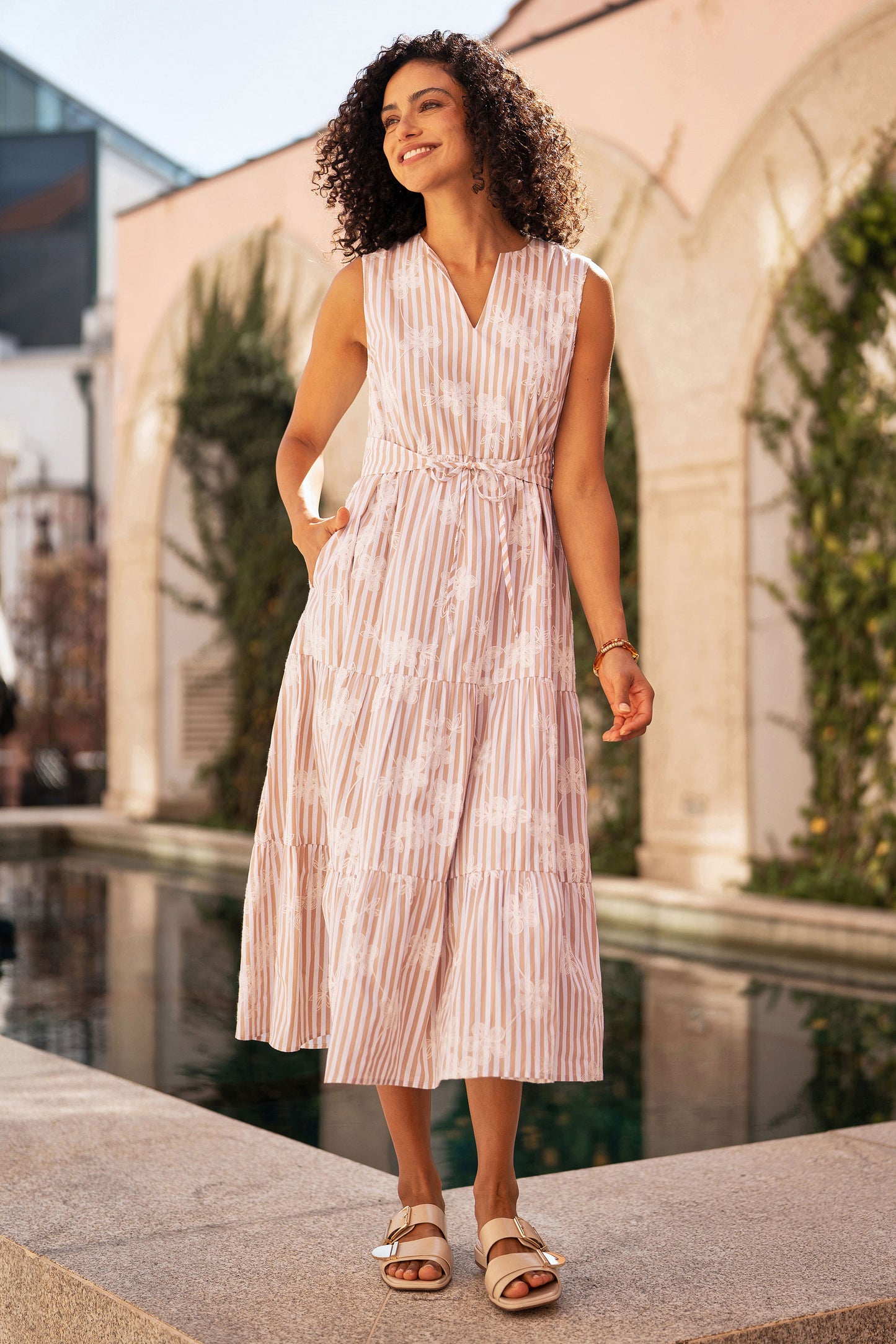 Yumi Brown Stripe With Embroidered Flower Cotton Dress Dress Casual Yumi