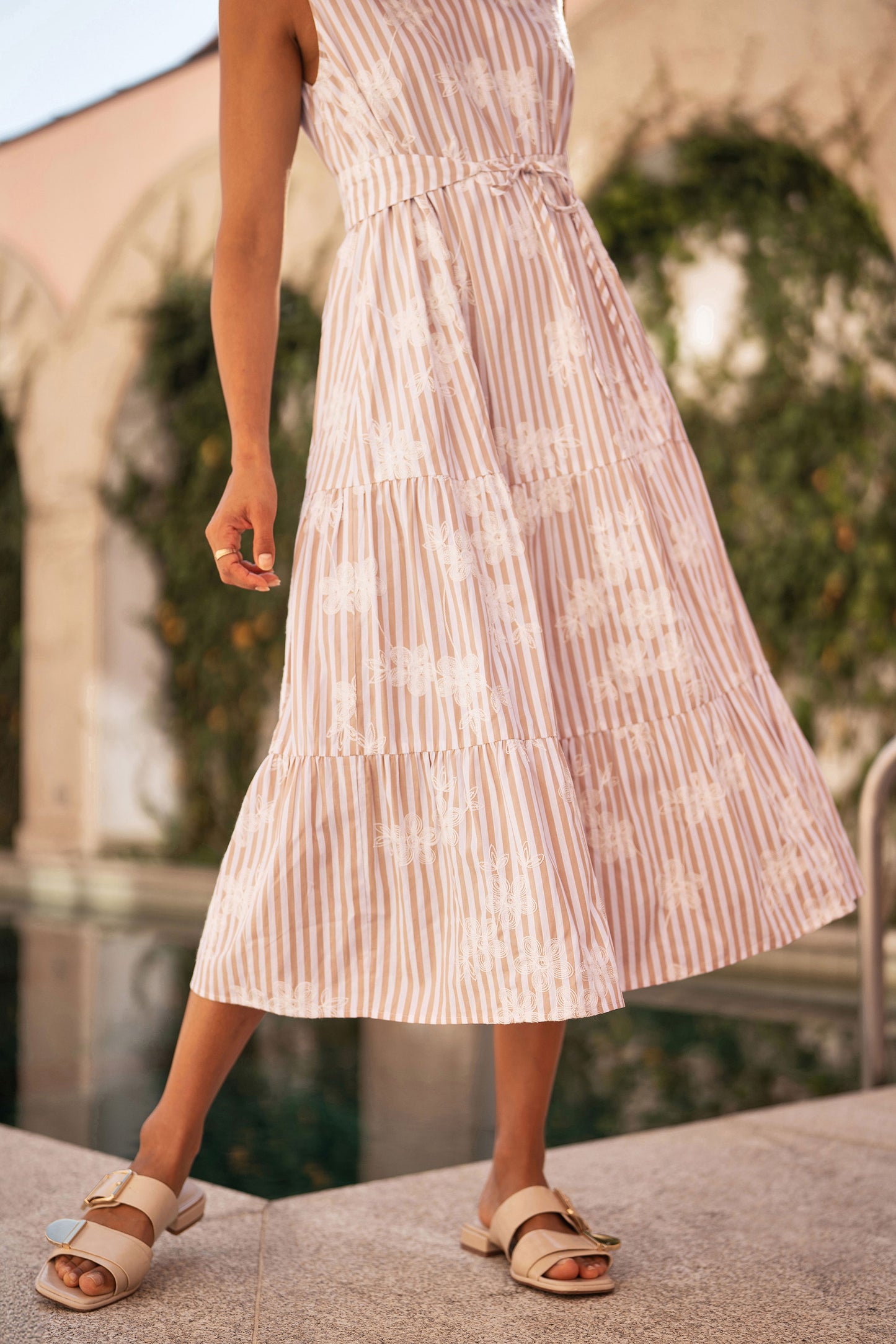 Yumi Brown Stripe With Embroidered Flower Cotton Dress Dress Casual Yumi