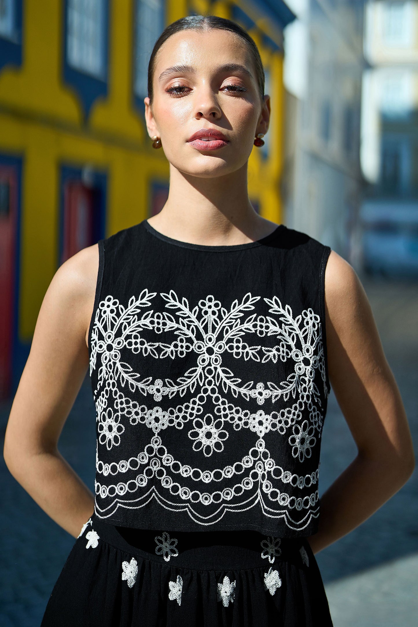 Yumi Black Embroidered Crop Top Tops Yumi