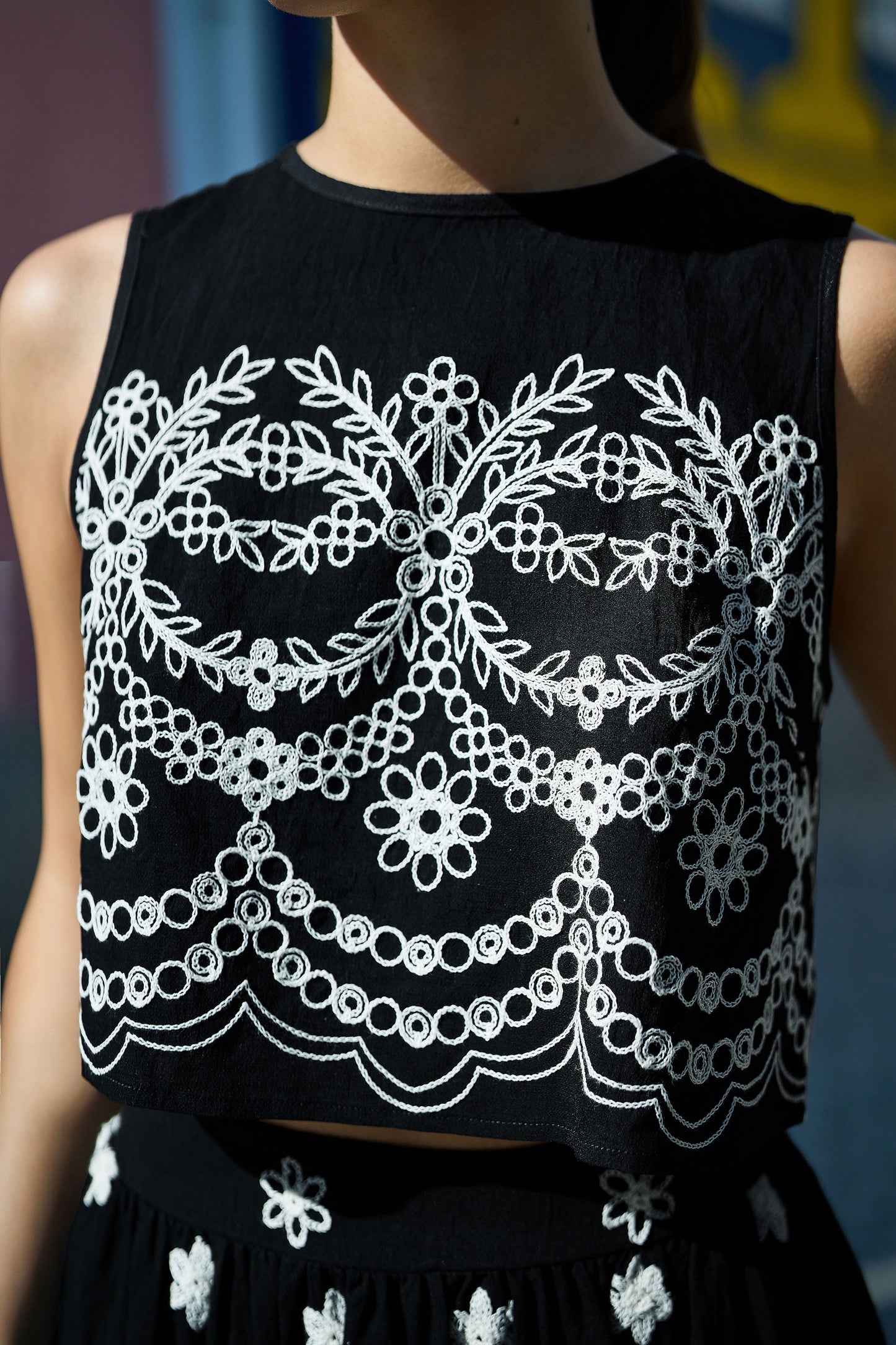 Yumi Black Embroidered Crop Top Tops Yumi