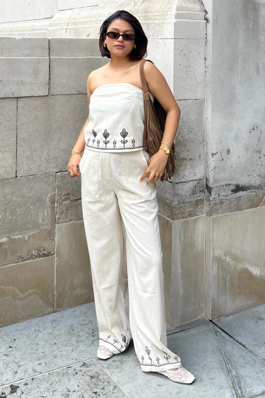 Yumi Ivory Linen Mix Embroirdered Top Tops Yumi